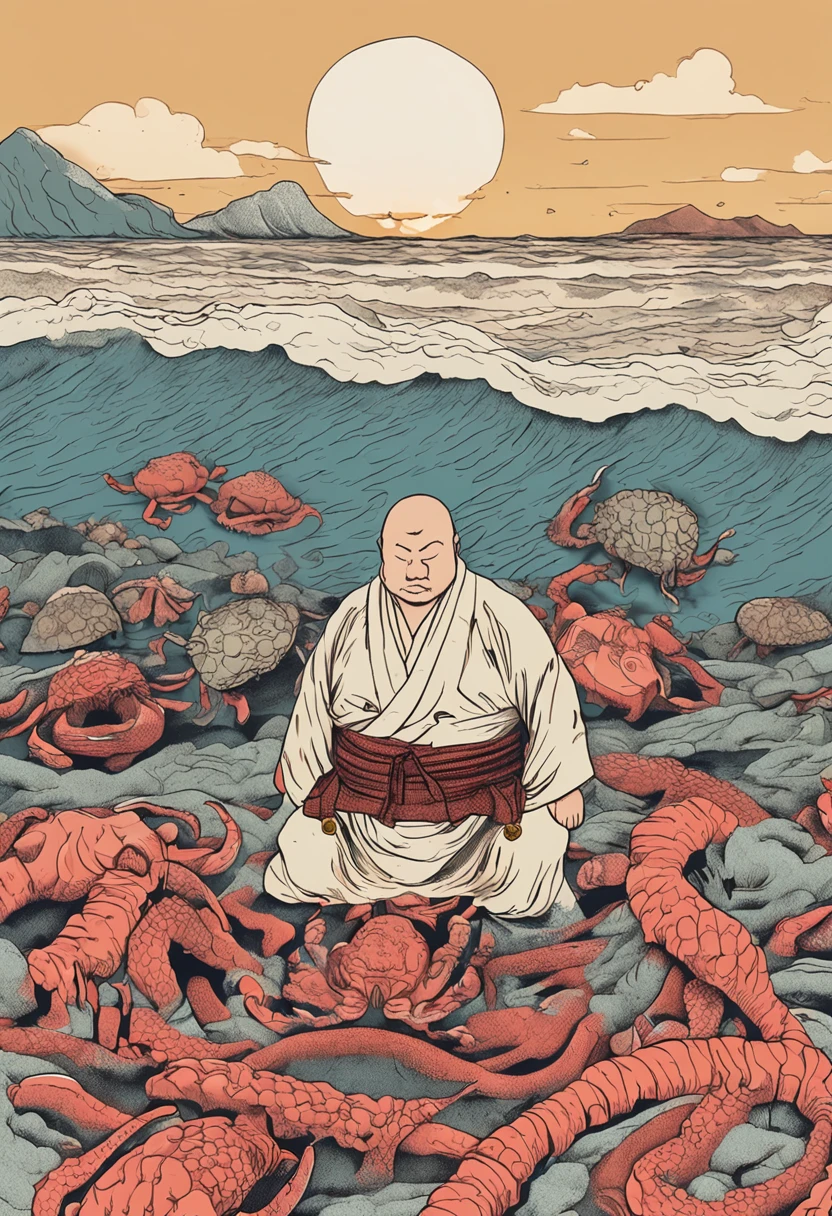 A Japanese sumo wrestler dressed in a traditional kimono sits on a golden sand,The afterglow of the setting sun hangs high overhead。He was intently enjoying the giant mutant crab,Crab red as fire、Tentacles are hideous。The beach is littered with all kinds of exotic shells,They are bright and colorful,Because of the contamination of nuclear wastewater,A peculiar colorful pattern is formed。The sea is murky,A thick layer of oil floating on the surface of the sea is faintly visible,And next to it are twinkling mutated fish and shrimp,They emit a mysterious light。