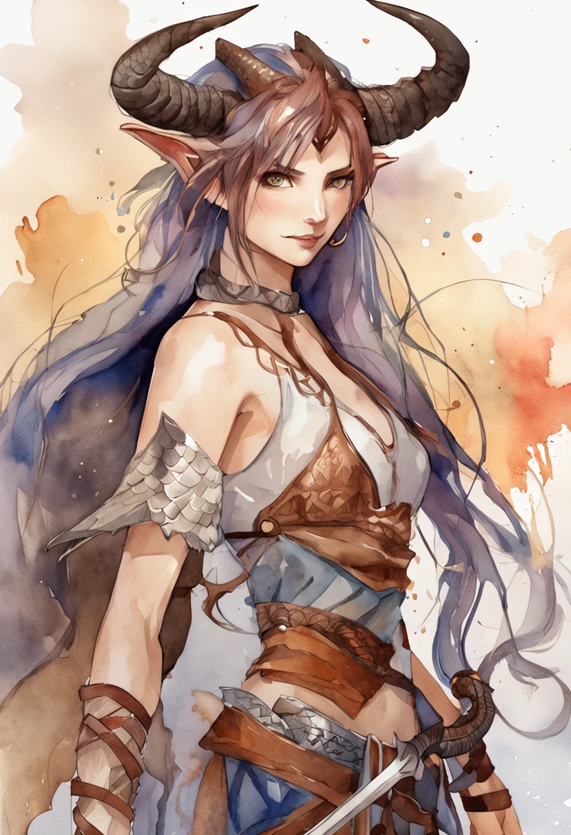 (dragan), woman, 1girl, Alone, far, small body, bracelets, multicolored hair, long hair, horns, dragon horns, anime style, high quality, best quality, flaking skin, scales, dark scales, leg with scales on the thigh, arms with scales, face with scales, dark skin, scaly skin, textured skin, dragon, paladin, warrior, half plate, brown scales, nsfw