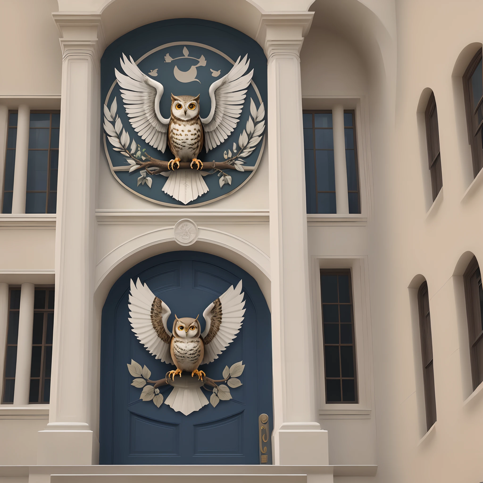 Create the façade of a modern college, cujas cores sejam branco, orange and gray and the symbol is an owl on a shield.