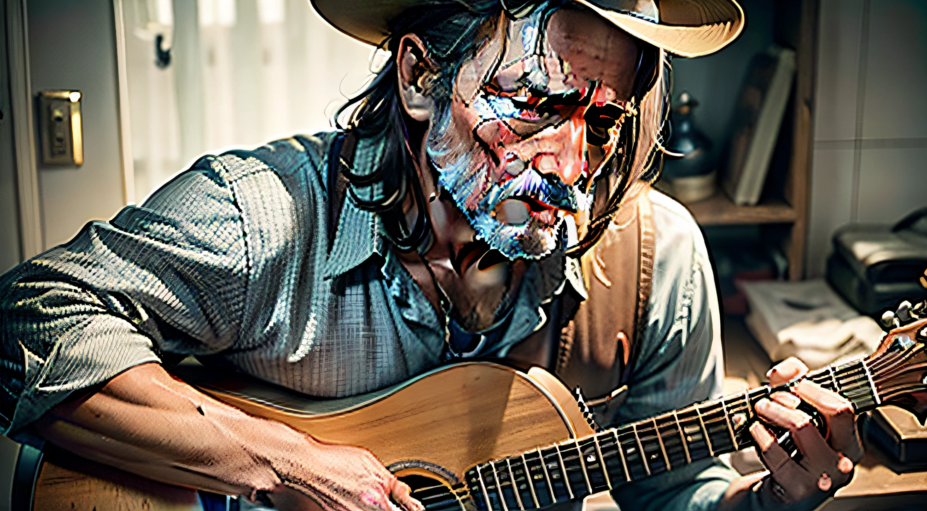 there is a man, SAD AND CRYING who is playing GUITAR in front of a horse in Texas, old man, musician, foto retrato, Homem CHORANDO tocando guitarra, fotografia colorida antiga, Charismatic Old Texas Western, Willie Nelson no palco, Directed by: Harvey Pratt, Directed by: Murray Tinkelman, KodakChrome : : 8 mil, Homem americano, foto retrato detalhada, foto ainda, cantor e compositor, por Wayne England