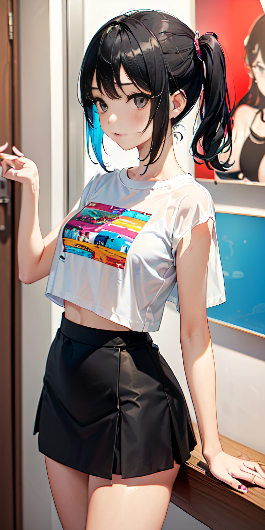 ((Contemporary art created by tracing traces of colorful ink、obra maestra、ultra-detallado、Pop-art, 16-year-old girl in very short black fabric skirt, blusa estilo ombliguera,))