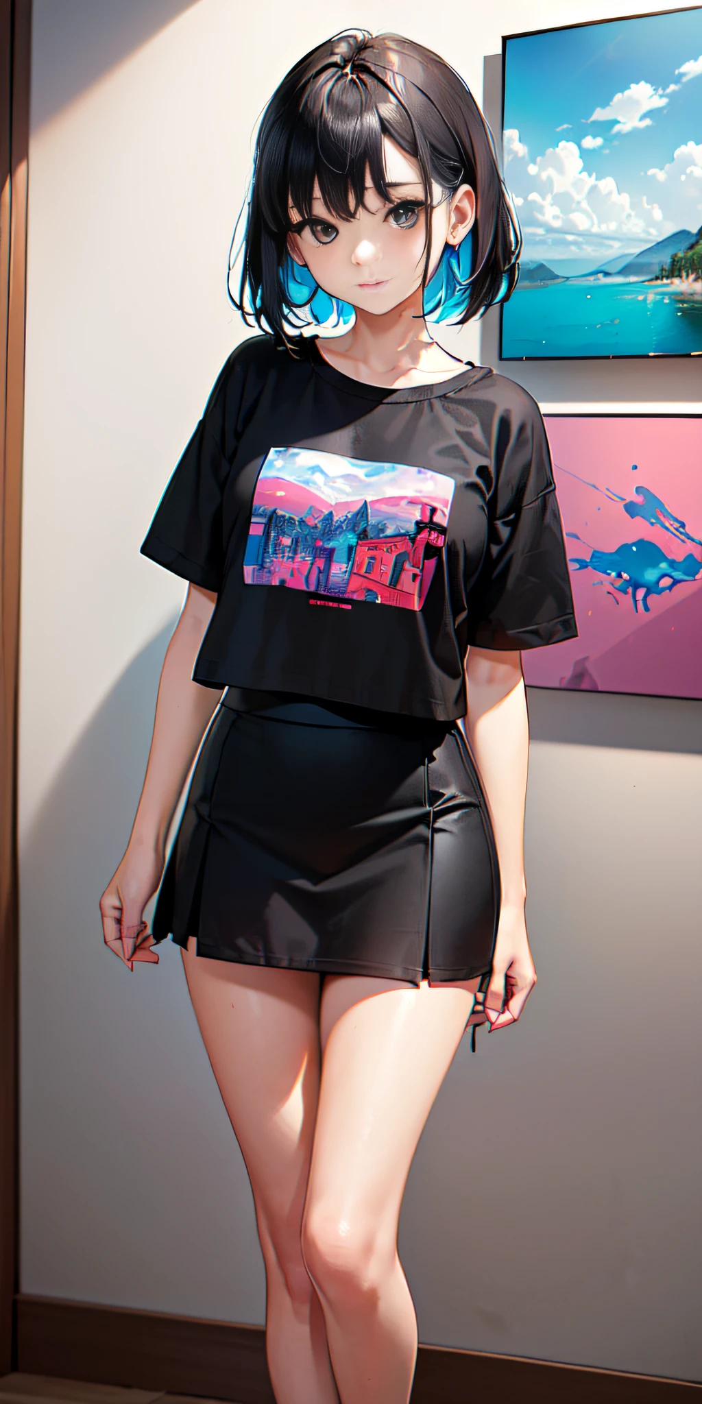 ((Contemporary art created by tracing traces of colorful ink、obra maestra、ultra-detallado、Pop-art, in very short black fabric skirt, blusa estilo ombliguera,))