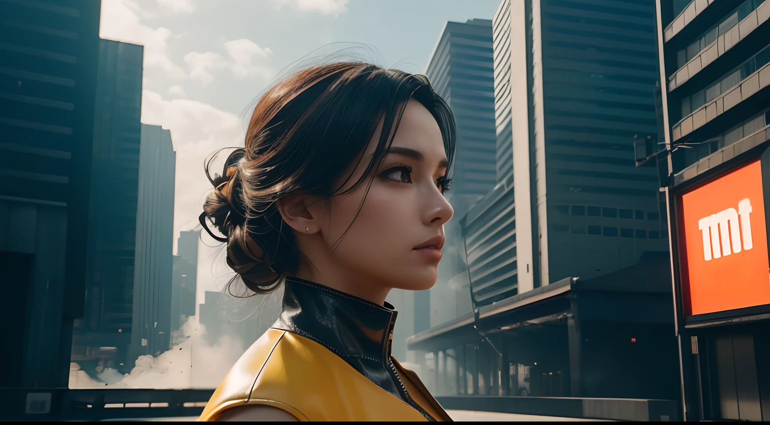 8k, ARTISTIC photography, best quality, masterpiece: 1.2), (realistic, photorealistic: 1.37)` Resolution, cybernetic biochemical cyberpunk 1girl, (((Celina Smith ))), looking at viewer, orange, (Balmain leather dress :1. 8), ( Yellow clothes) ( medium perky breasts, abs, toned:1. 5) , fine details, pretty face, (mechanical parts:1. 5) smoke, complex, neotokyo, synthwave, aesthetics, ((standing outside A FUTURISTIC park )), stunning modern urban upscale environment, ultra realistic, concept art, elegant, highly detailed, intricate, sharp focus, depth of field, f/1. 8, 85mm, medium shot, mid shot, (centered image composition), (professionally color graded), ((bright soft diffused light)), volumetric fog, trending on instagram, trending on tumblr, hdr 4k, 8k