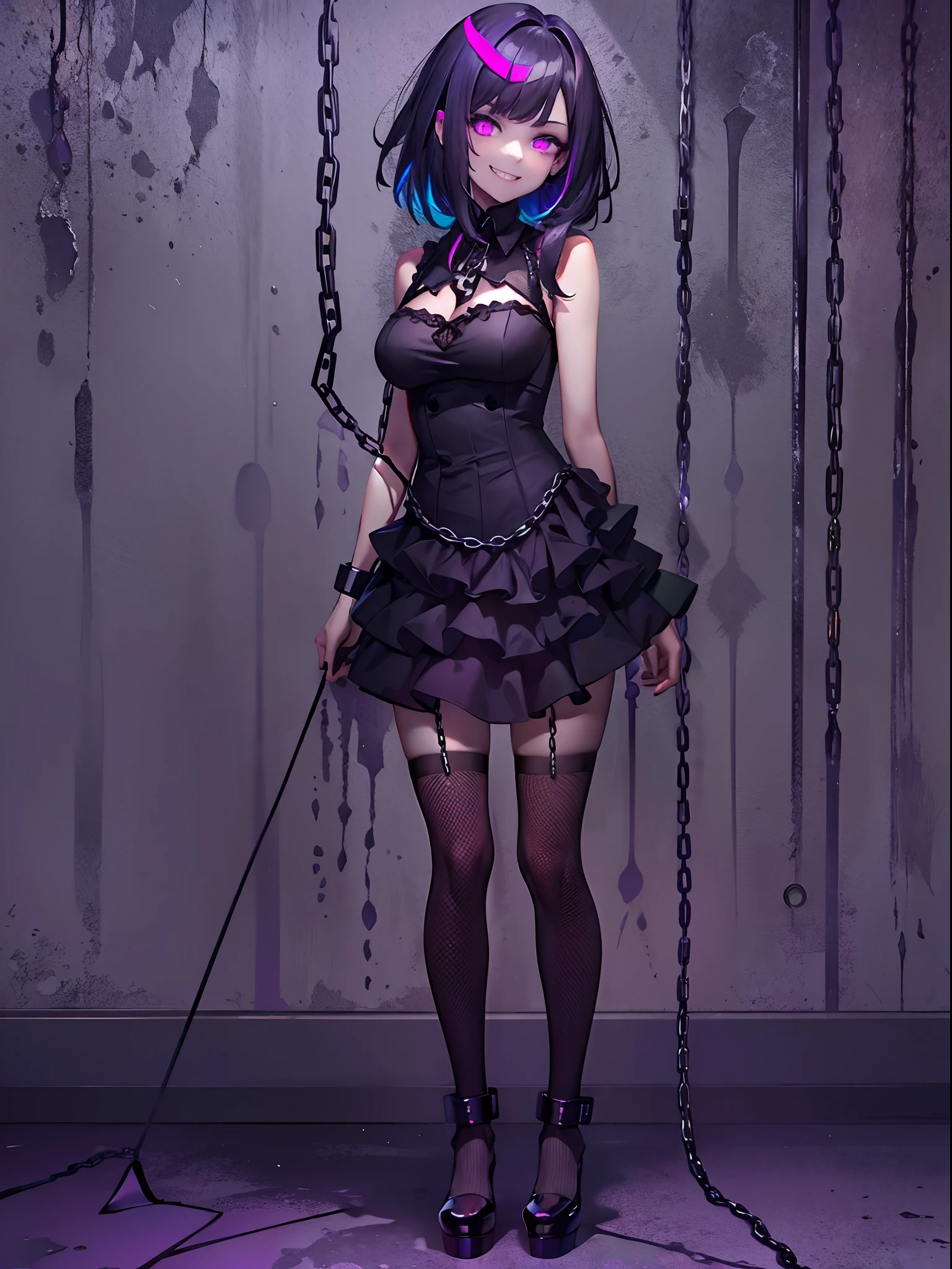 1 girl, wallpaper,full-body shot, zoomed out, grey wall background, dark picture, ruined wall background, asymmetric hair, grey hair, multicolored hair, long hair, psycho smile, evil_smile, dark purple eyes, view from the side, looking at viewer, long chain shackles, neon lights in background, grin, ruffled hair, showy black dress, modern gothic black dress, single black stocking, single black leg fishnet