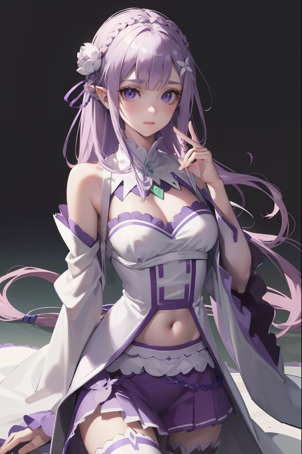 rezeroemilia, emilia, braid, crown braid, flower, hair flower, hair ornament, hair ribbon, long hair, low-tied long hair, (purple eyes:1.2), pointy ears, white flower, x hair ornament,
BREAK bare shoulders, detached collar, dress, long sleeves, low-tied long hair, navel, pink dress, shoulder cutout, thigh gap, wide sleeves,
BREAK outdoors, city,
BREAK looking at viewer, BREAK (masterpiece:1.2), best quality, high resolution, unity 8k wallpaper, (illustration:0.8), (beautiful detailed eyes:1.6), extremely detailed face, perfect lighting, extremely detailed CG, (perfect hands, perfect anatomy),