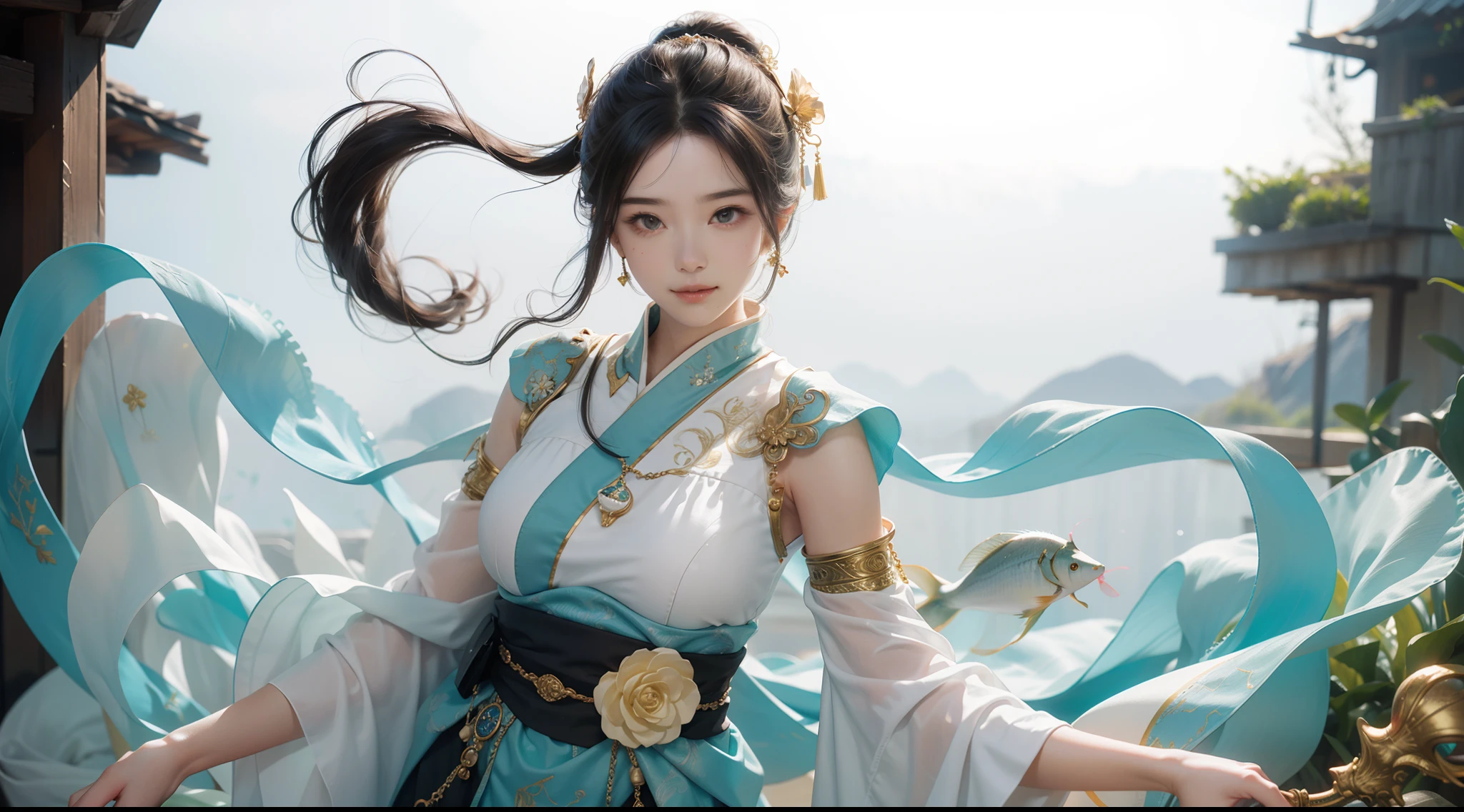 fish flocks,colorful fish,Huge fish,1 girl,upperbody closeup,Lateral face,Wearing a Tang costume,Super fine face, Delicate eyes, Double eyelids, Smile,Fantastic scenes,Many-Layer Textures、Albedo e mapas Speculares、Irridescent color、Rich evolution,vivd colour,largeaperture、Low ISO、White balance、Glows in high detail, white backgrounid, studio lit, C4D, OC renderer, Clean shadows, 4K