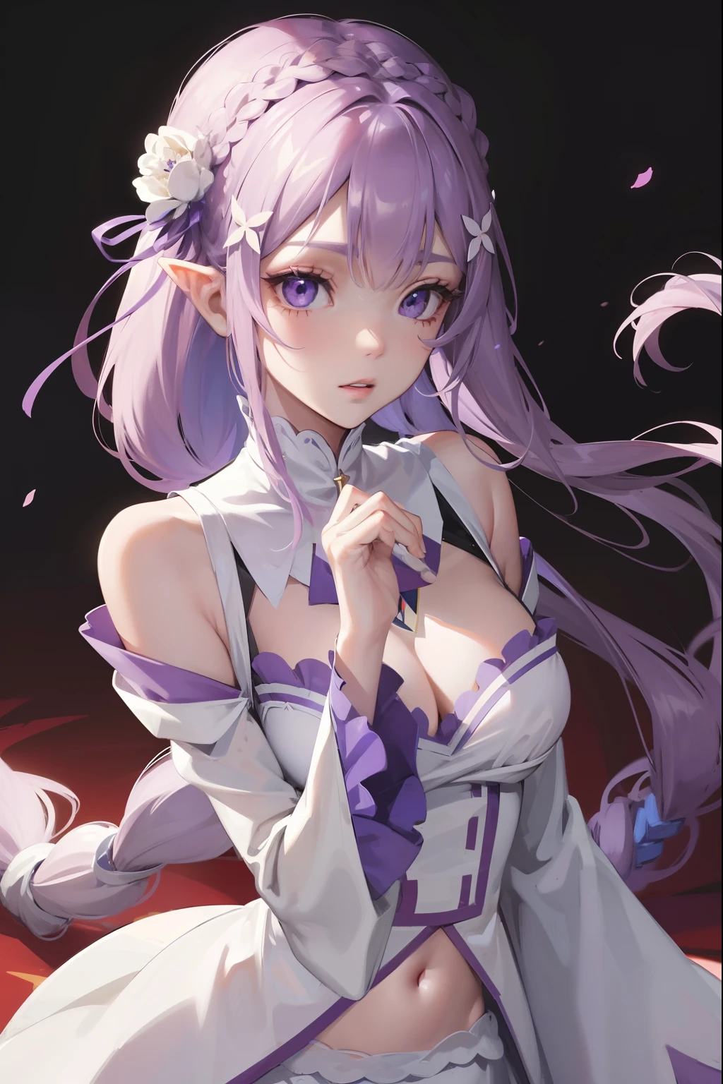 rezeroemilia, emilia, braid, crown braid, flower, hair flower, hair ornament, hair ribbon, long hair, low-tied long hair, (purple eyes:1.2), pointy ears, white flower, x hair ornament,
BREAK bare shoulders, detached collar, dress, long sleeves, low-tied long hair, navel, pink dress, shoulder cutout, thigh gap, wide sleeves,
BREAK outdoors, city,
BREAK looking at viewer, BREAK (masterpiece:1.2), best quality, high resolution, unity 8k wallpaper, (illustration:0.8), (beautiful detailed eyes:1.6), extremely detailed face, perfect lighting, extremely detailed CG, (perfect hands, perfect anatomy),
