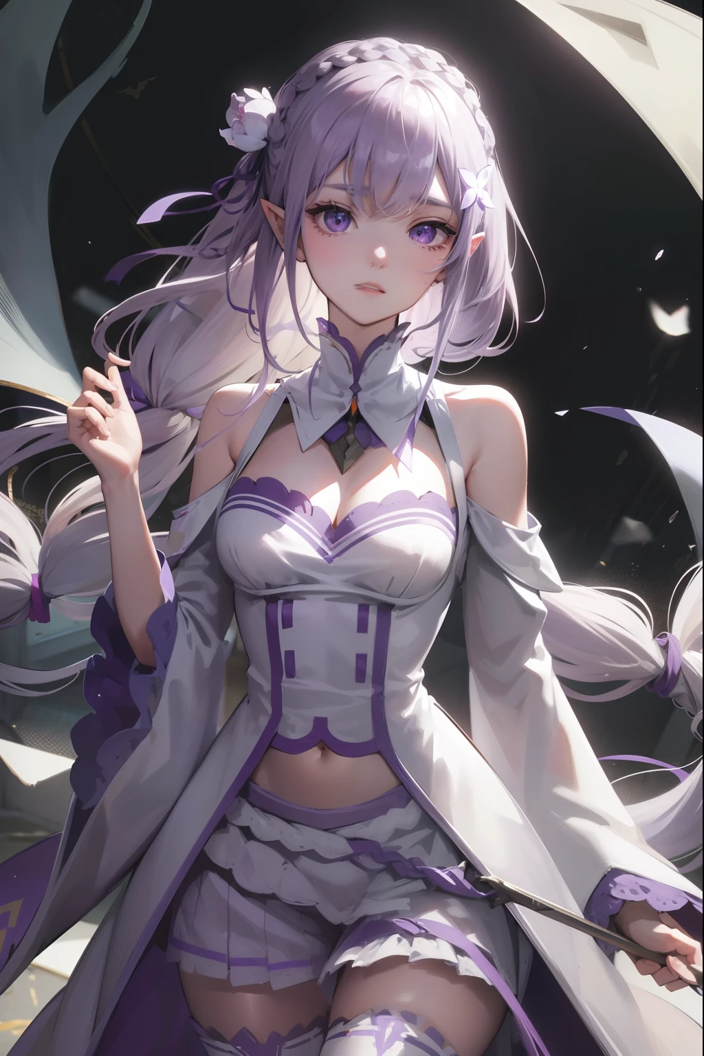 rezeroemilia, emilia, braid, crown braid, flower, hair flower, hair ornament, hair ribbon, long hair, low-tied long hair, (purple eyes:1.2), pointy ears, white flower, x hair ornament,
BREAK bare shoulders, detached collar, dress, long sleeves, low-tied long hair, navel, pink dress, shoulder cutout, thigh gap, wide sleeves,
BREAK outdoors, city,
BREAK looking at viewer, BREAK (masterpiece:1.2), best quality, high resolution, unity 8k wallpaper, (illustration:0.8), (beautiful detailed eyes:1.6), extremely detailed face, perfect lighting, extremely detailed CG, (perfect hands, perfect anatomy),
