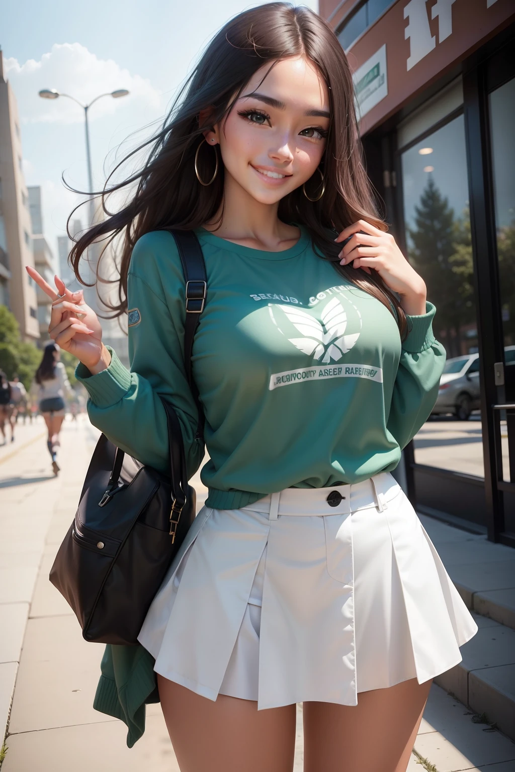 Beautuful Women,Raised sexy,Campus clothing,Smile confidently。