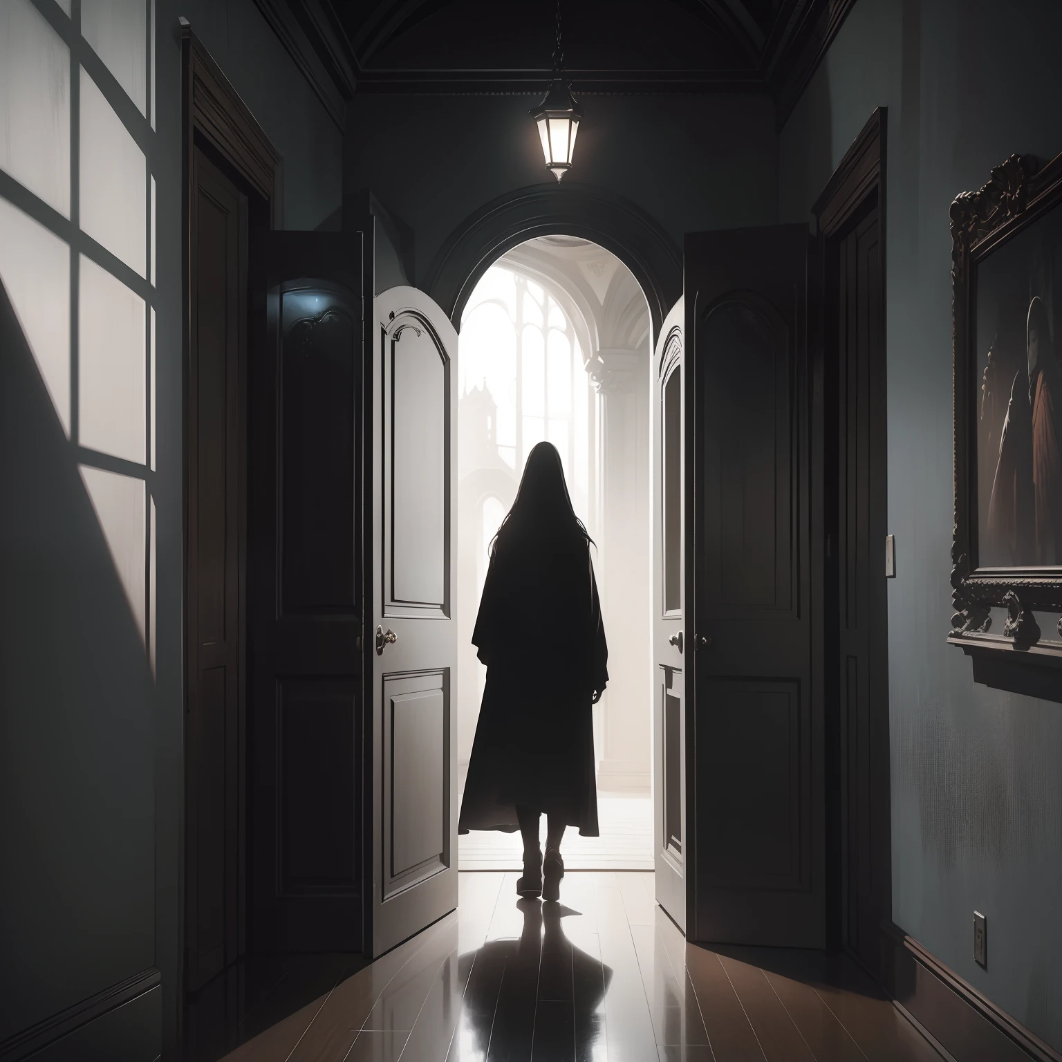 ((masterpiece, best quality, 4k, photorealistic, cinematic)), imagine a dimly lit hallway with closed doors, each "Ding dong" and "Knock knock" is a persistent echo that reverberates through the corridor, symbolizing the speaker's relentless pursuit, the closed doors represent barriers the hidden person has put up, trying to shield themselves from the speaker's advances, Zdzisław Beksiński art