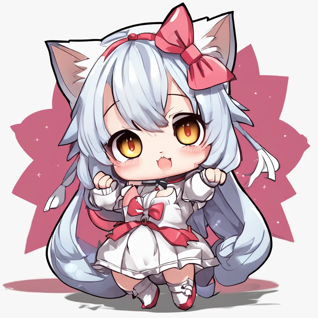 A cartoon cat girl with bow and dress, Cute!! tchibi!!! Cat woman, cute anime catgirl, anime catgirl, anime chibi, Chibi anime girl, Anime moe art style, small curvaceous , nyaruko-san, fat chibi grey cat, Chibi Art, chibi anime, Holo is a wolf girl, chibi girl, Kantai collection style