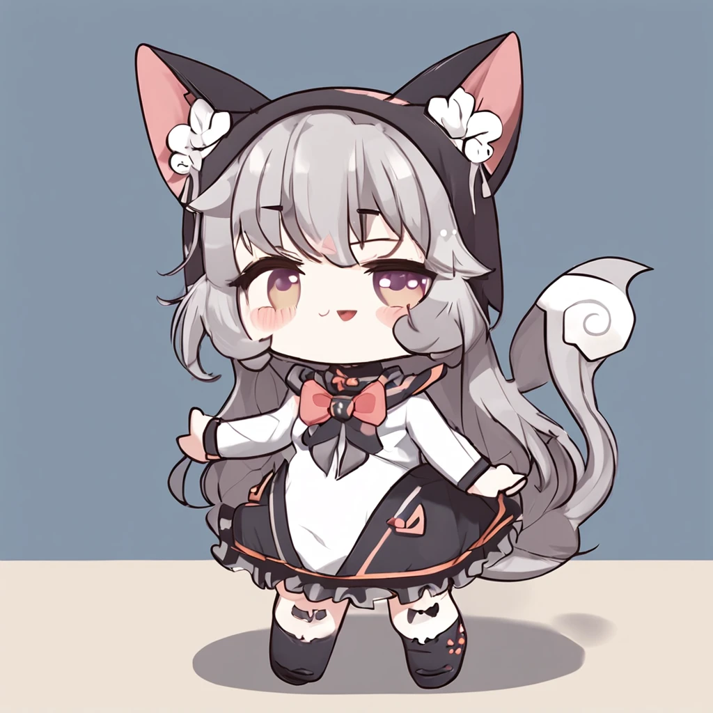 A cartoon cat girl with bow and dress, Cute!! tchibi!!! Cat woman, cute anime catgirl, anime catgirl, anime chibi, Chibi anime girl, Anime moe art style, small curvaceous loli, nyaruko-san, fat chibi grey cat, Chibi Art, chibi anime, Holo is a wolf girl, chibi girl, Kantai collection style