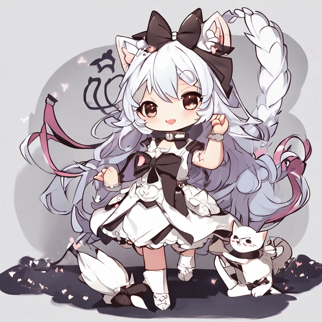 A cartoon cat girl with bow and dress, Cute!! tchibi!!! Cat woman, cute anime catgirl, anime catgirl, anime chibi, Chibi anime girl, Anime moe art style, small curvaceous loli, nyaruko-san, fat chibi grey cat, Chibi Art, chibi anime, Holo is a wolf girl, chibi girl, Kantai collection style