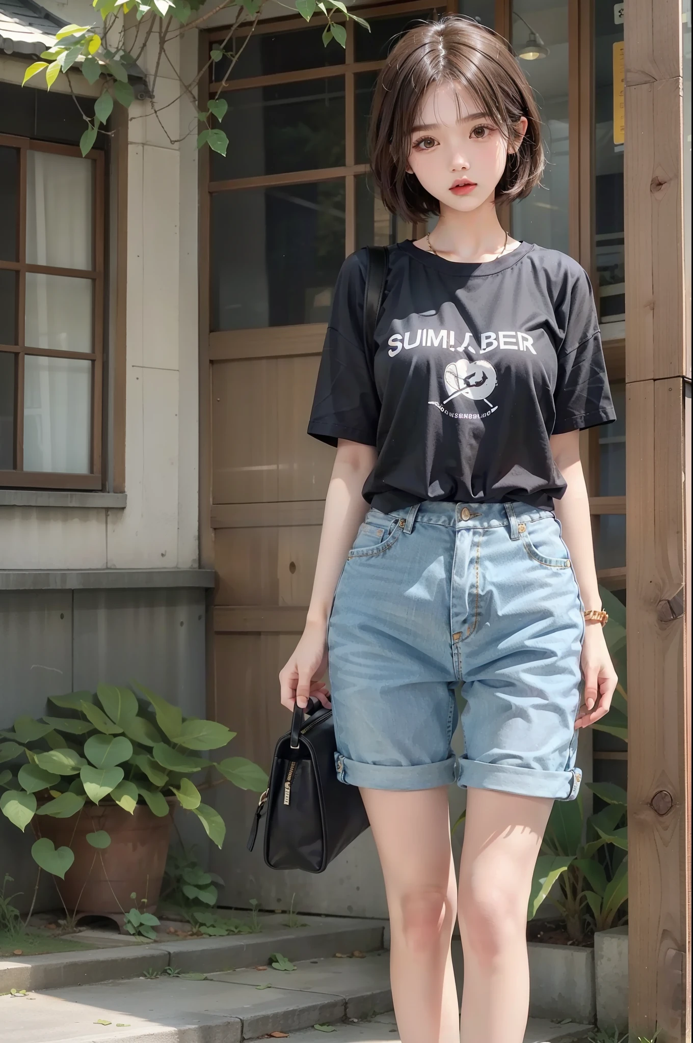 1girll，18 years old，（full-body view），with short black hair，Summer women's clothing，Cool，（shorter pants），AJ shoes。