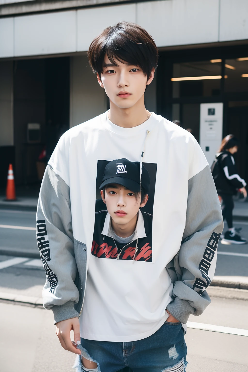Street style portrait of 20 year old Japan man。 For a lightweight bomber jacket suitable for spring and summer、Matching graphic t-shirt。Coordinate with ripped jeans and high-top sneakers。