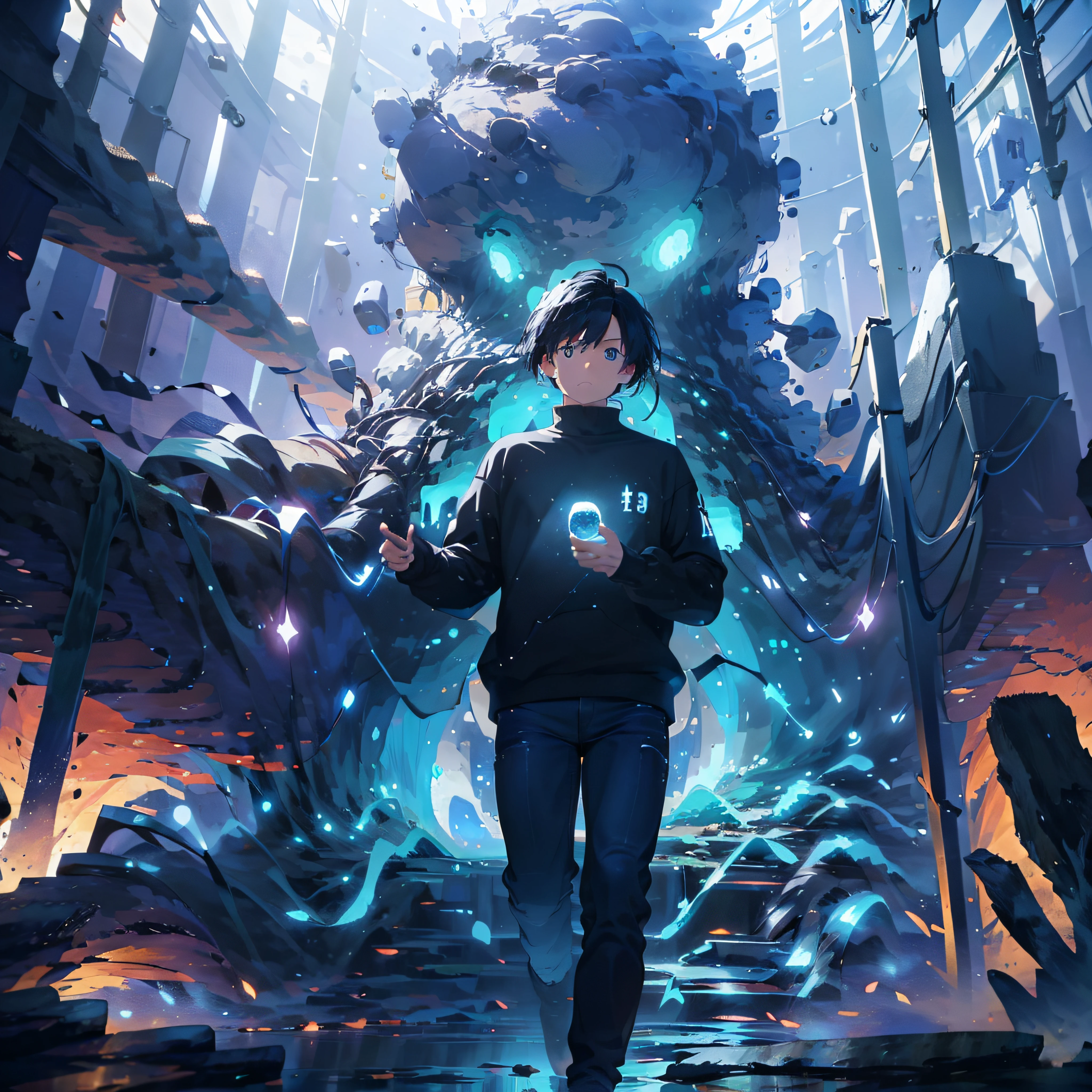 ((Best Quality, 8K, Masterpiece: 1.3)), landscape, magic shoot, star trail, fast speed, young man with black hair, black jeans, amazing scenery, hundreds of stars forming a circle, magic array, gods light, shine, power up, magic waves.