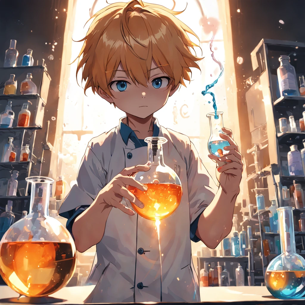 in chemistry lab，A little boy holds a flask，Attentively，and the sun was shining brightly，super detailing，Anime line drawing