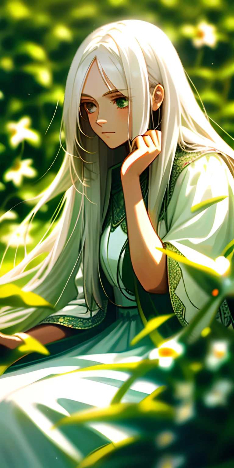 (masterpiece, best quality),1girl with long white hair sitting in a field of green plants and flowers, her hand under her chin, warm lighting, white dress, blurry foreground