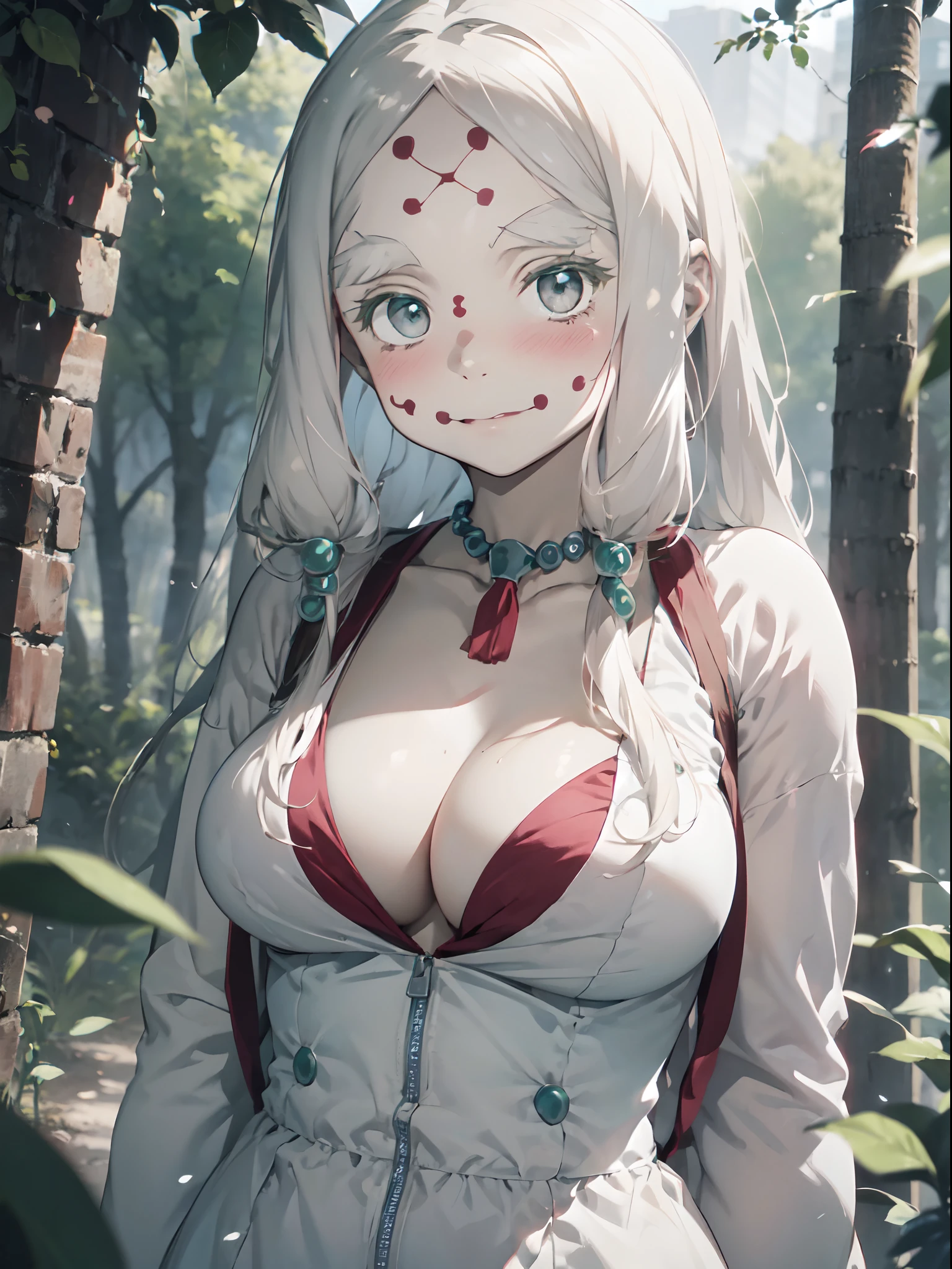 Film photography, 1girll, Dynamic posture
Large breasts,cleavage,The shoulder straps slip off,White hair,white skinned,White clothes,ln the forest
