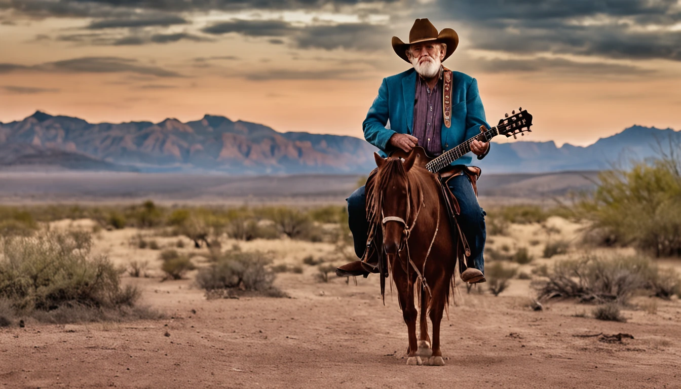There's a man who's playing GUITAR, MONTADO EM UM CAVALO no Texas, old man, musician, Foto retrato, Man playing guitar, fotografia colorida antiga, Carismático Texas Western Old Man, Willie Nelson no palco, Directed by: Harvey Pratt, Directed by: Murray Tinkelman, KodakChrome : : 8 mil, Homem americano, Foto retrato detalhada, foto ainda, cantor e compositor, por Wayne England