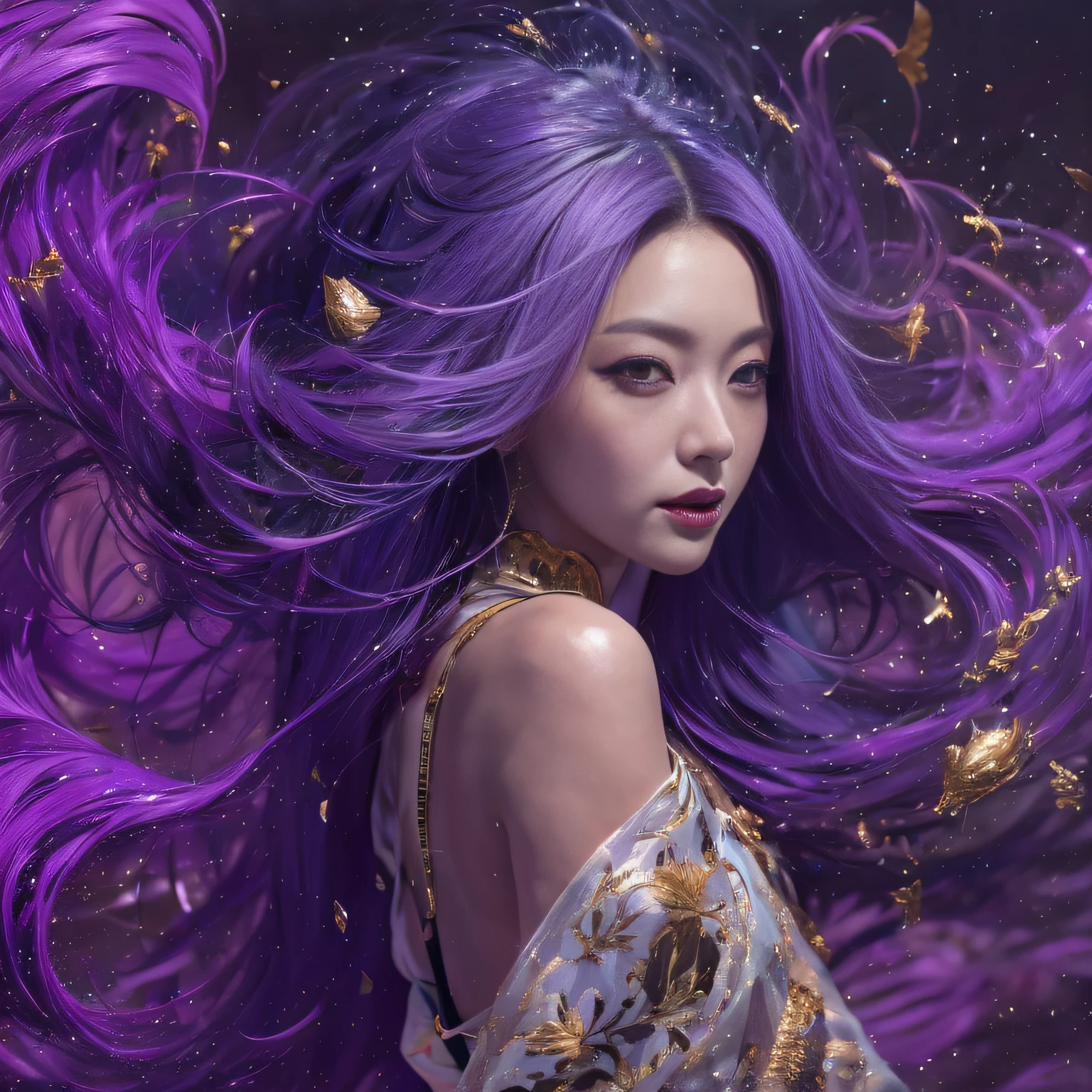 32K（tmasterpiece，k hd，hyper HD，32K）Long flowing bright purple hair，Autumn Pond，zydink， a color，  Asian people （Silly girl）， （Silk scarf）， Combat posture， looking at the ground， long whitr hair， Floating bright purple， Fire cloud pattern gold tiara， Chinese long-sleeved gold silk garment， （abstract ink splash：1.2）， white backgrounid，Lotus protector（realisticlying：1.4），Bright purple hair，Smoke on the road，The background is pure， A high resolution， the detail， RAW photogr， Sharp Re， Nikon D850 Film Stock Photo by Jefferies Lee 4 Kodak Portra 400 Camera F1.6 shots, Rich colors, ultra-realistic vivid textures, Dramatic lighting, Unreal Engine Art Station Trend, cinestir 800，Long flowing bright purple hair