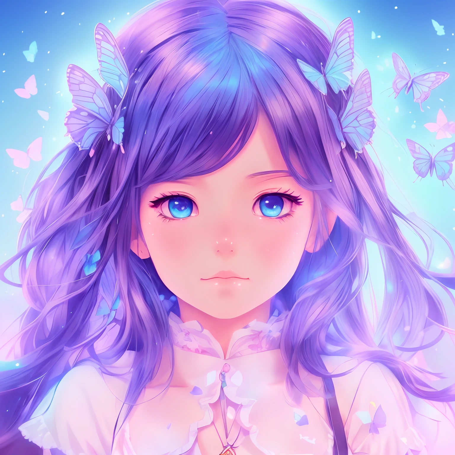 Anime girl with blue eyes and butterfly hair, artwork in the style of guweiz, adorable digital painting, cute detailed digital art, detailed portrait of anime girl, detailed digital anime art, Portrait of Cute Anime Girl, kawaii realistic portrait, highly detailed 4k digital art, stunning anime face portrait, cute anime girl portrait, portrait anime girl, Beautiful anime portrait