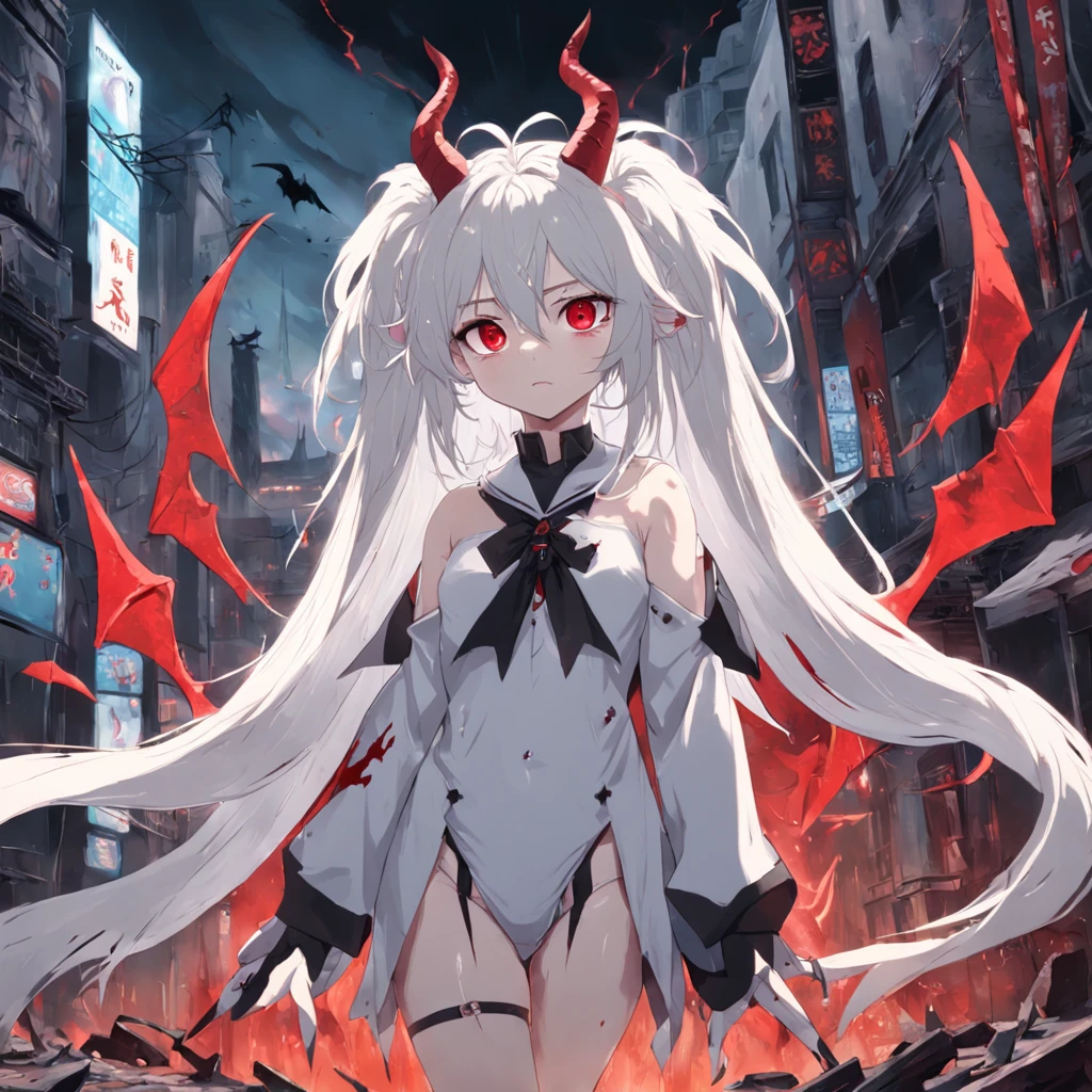 whaite hair，Red eyes，long whitr hair，demonic horns，Broken sailor suit，Girl body type，There are demon wings behind it，There was a little blood on his body，8K，Look into the camera，Dynamic，Background of destroyed cities，Scythe of Death