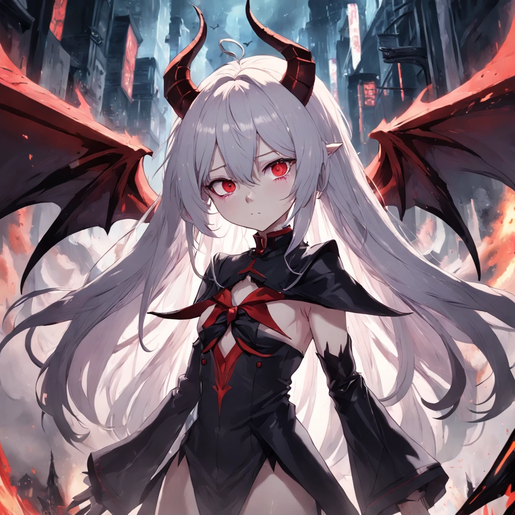 whaite hair,Red eyes,long whitr hair,demonic horns,Broken sailor suit,Girl body type,There are demon wings behind it,There was a little blood on his body,8K,Look into the camera,Dynamic,Background of destroyed cities,Scythe of Death