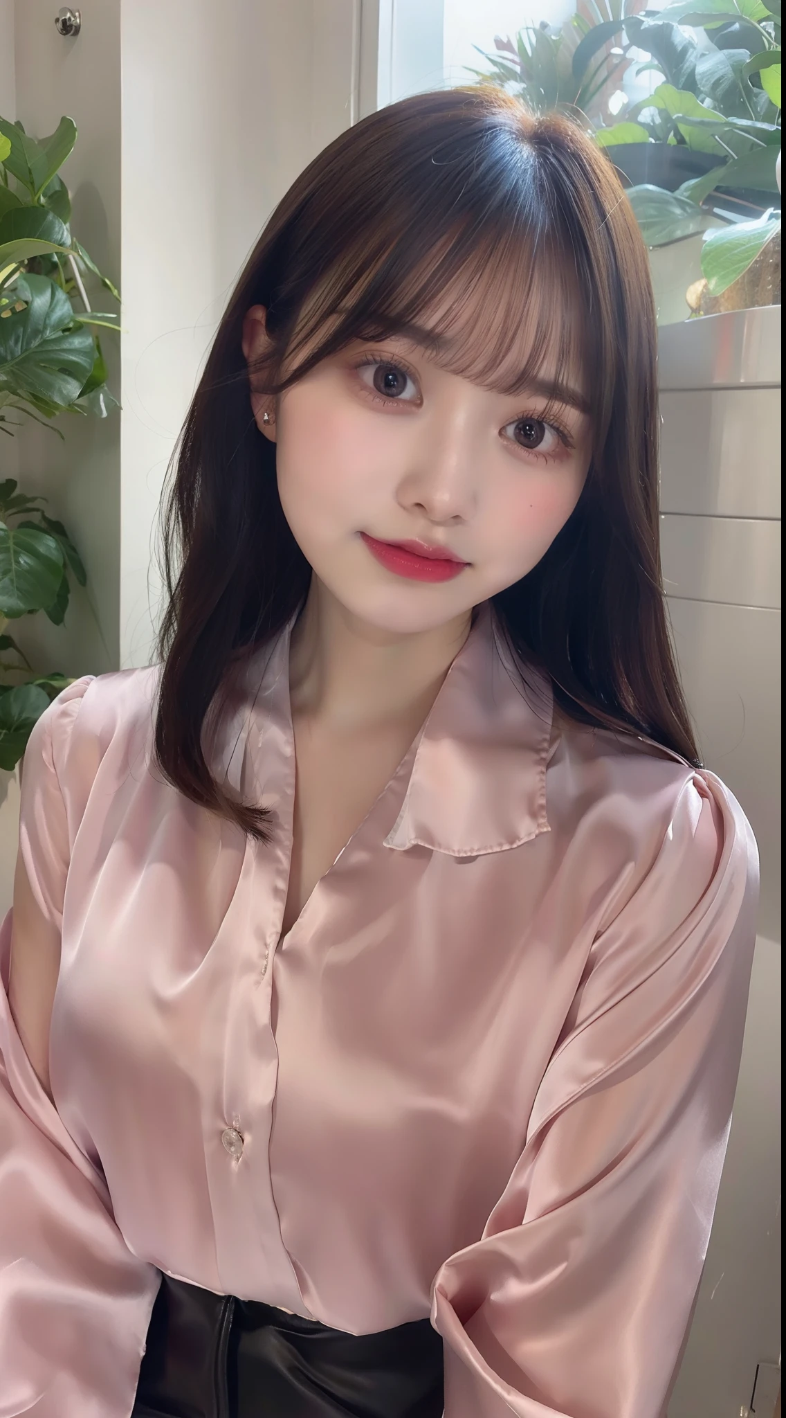 Satin blouse、tight skirts、huge tit
