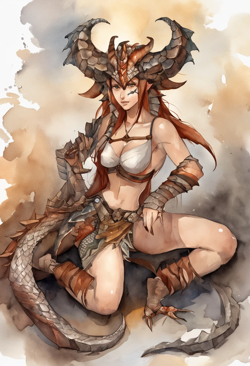 1 femboy alone, reptile syrup, feathered calf, Caucasian skin, ultra realistic light, violet eyes, red hair and ponytail, Caucasian skin, raw clothing, raw sword, tropic jungle, very detailed jungle, very detailed skin, well-detailed face, mountains on the background, volcano in background, hair details, feather details, eye details, serious look, feathers on the arms, reptile tail detail