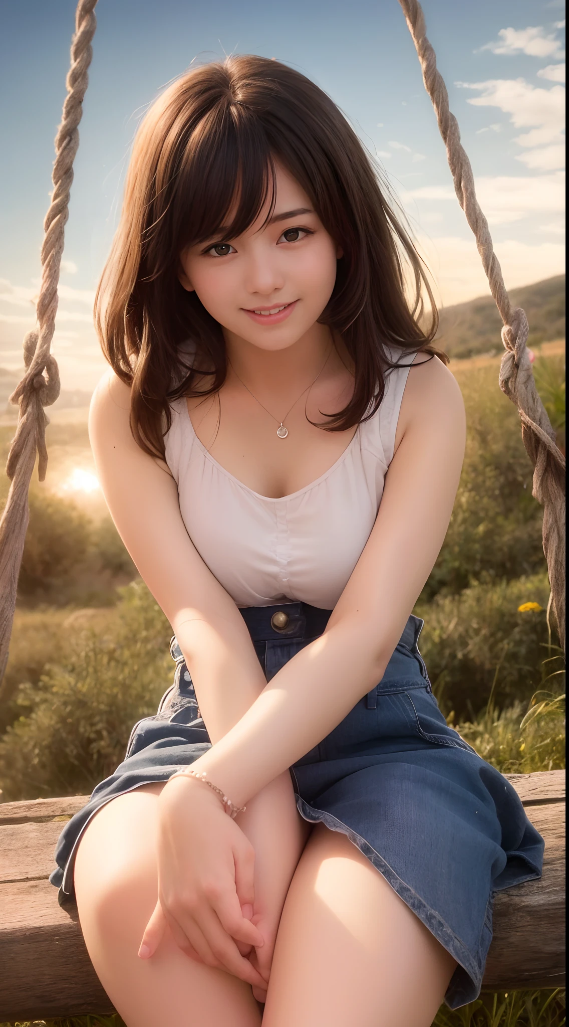 Little girl on top，Looking down，from below，White light panties，sitting on a swing，View of the crotch of the inner thigh，bottom angles，Mocking expressions，Smiling，White light bandeau，Large angle upward view