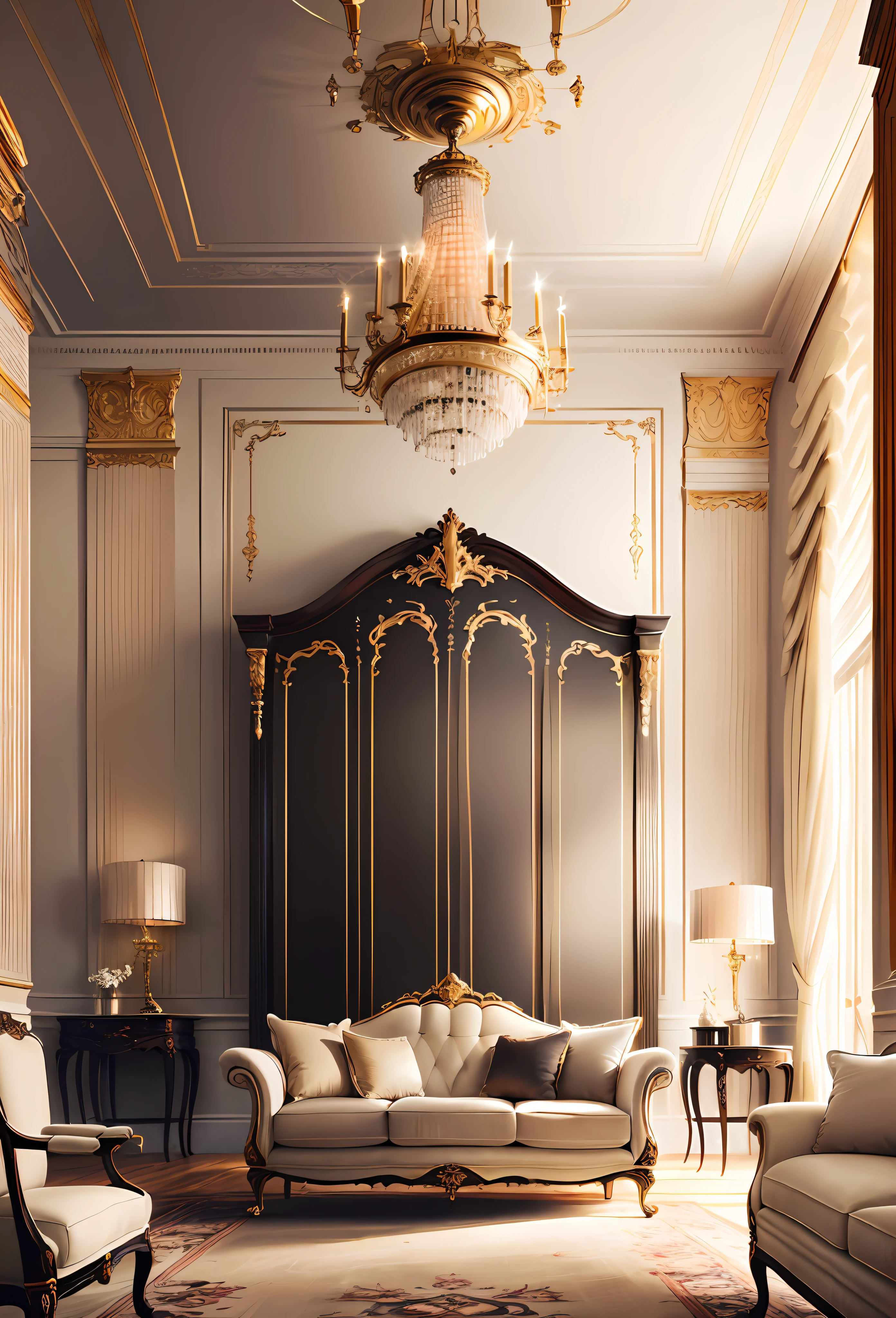 Living room decorated in European style, a luxurious and refined atmosphere. Intricate interior decoration details emphasize the refined style of the room, while a carefully considered decoration design adds an impeccable finishing touch