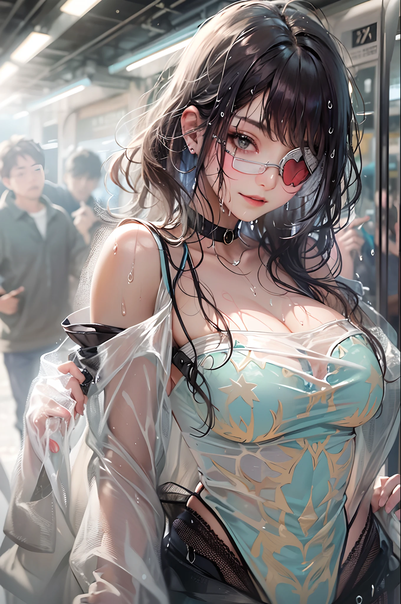 (top-quality), (masterpiece), (hight resolution), (1little girl)、(Wearing an eye patch)、(Dark hair)、(large full breasts)、(Smile) 、(Fluffy clothes)、(white clothes)、(Get wet:1.5)、(Very delicate), top-quality, masterpiece、超A high resolution, (Photorealsitic:1.4), Raw foto, street pic, She touches the chest, Sweaty body, (sheer fabrics:1.35)(loose:1.5)、 (droopy chest), (lare breasts),Deep contrast, depth of fields, Under angle, low angles, (Lying in the subway)、Background crowd、exposure blend, medium shot,