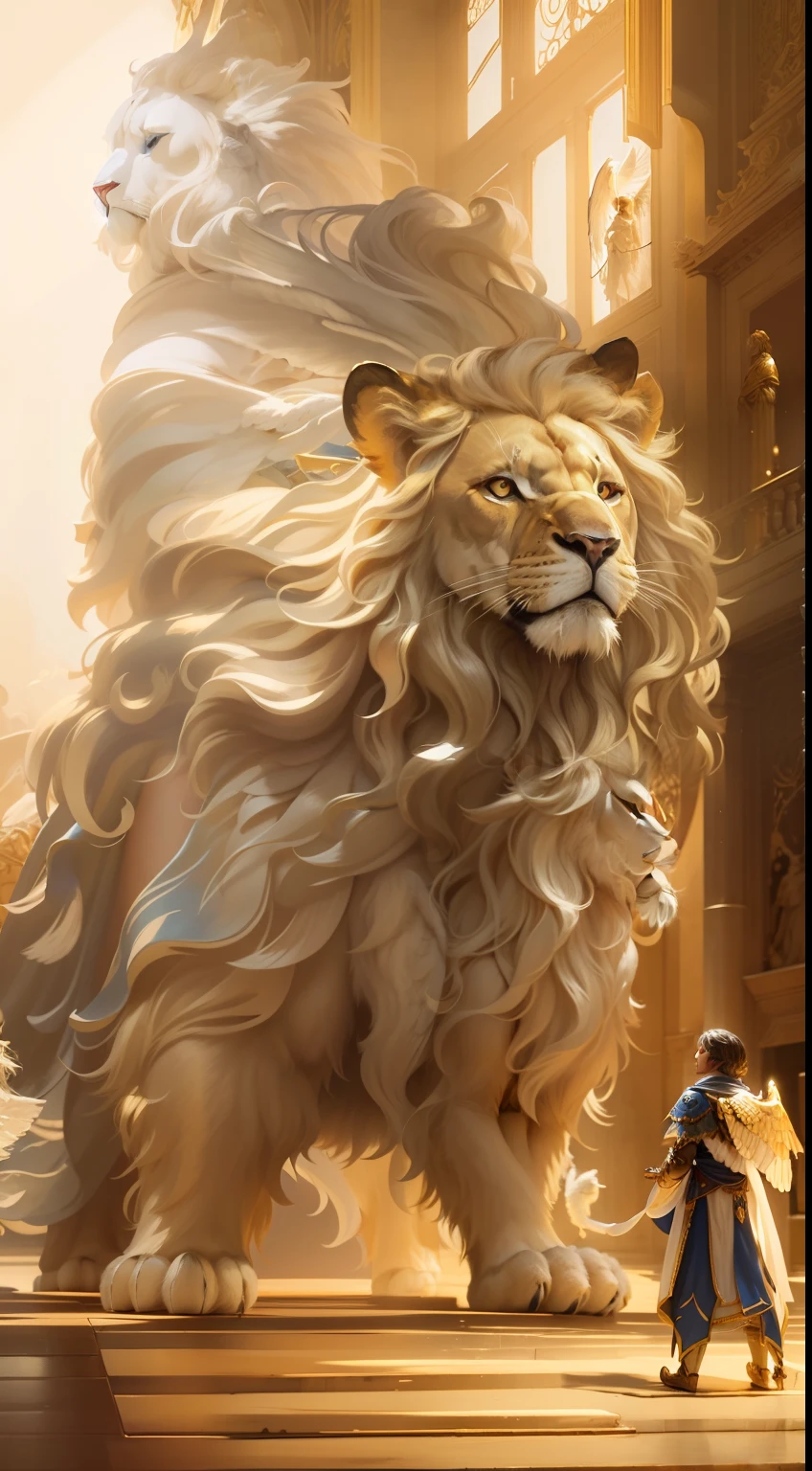 A diminutive new angel, with glorious silver wings, and silver blue and white demure gown, standing (in front of) before a giant golden-blonde haired lion, forced perspective from behind the angel and to the right, looking up at the giant beast on its four legs, extreme long shot 24k resolution, hyperdetailed, dramatic pose, in a great hall before a throne, bright golden white light.