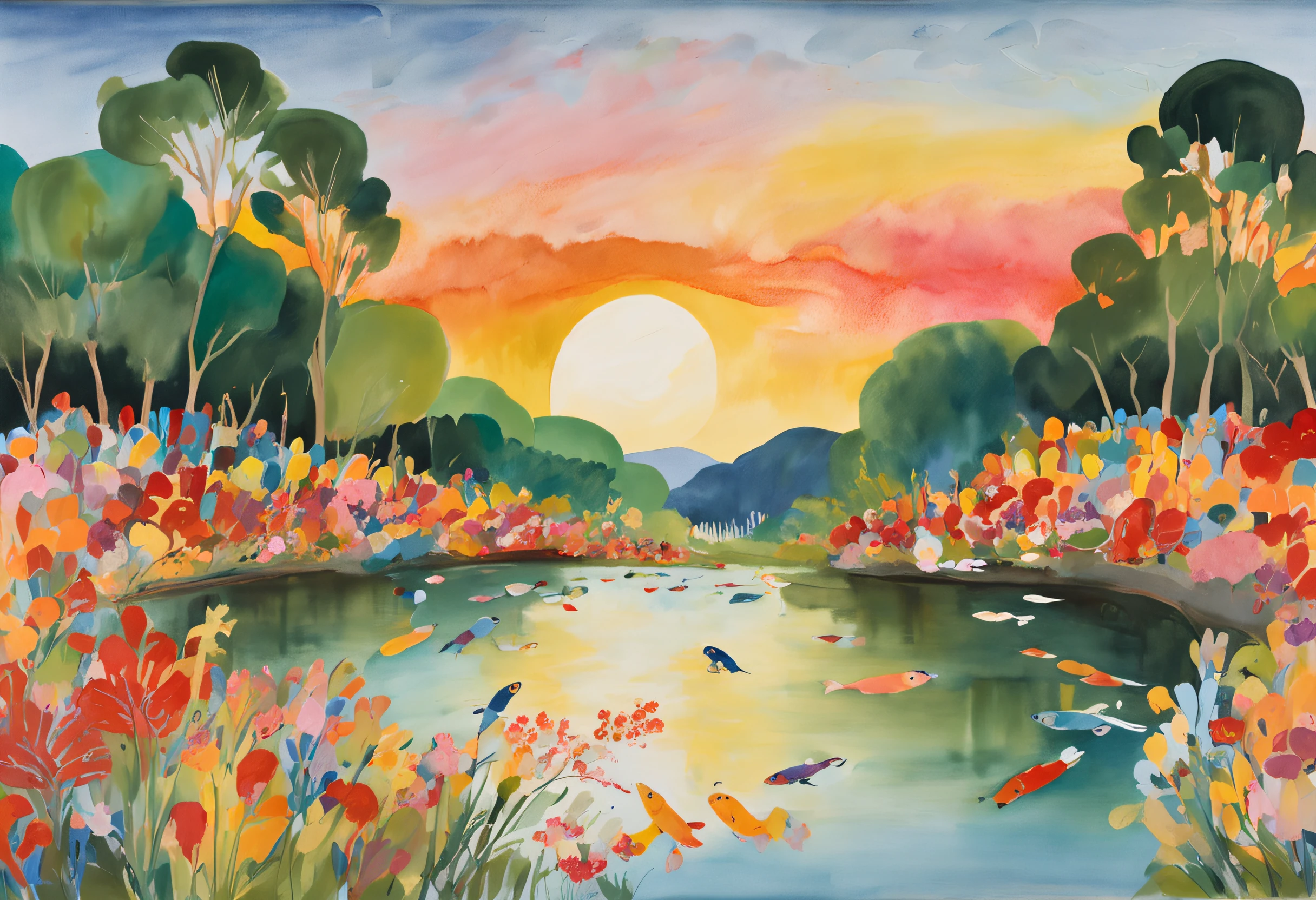 An illustration of the back of a family looking up at carp streamers on a riverbed in the daytime.

The stage of the illustration is a riverbed along the river where the sun sets.
Flowers and trees grow thick around the river, swaying when the wind blows.
Carp streamers are swimming in the river. Koinobori are mixed with various colors such as red, blue and yellow.
A family of three, a boy, a girl, and their parents, are looking up at the carp streamers.
A boy and a girl hold hands and happily look up at the carp streamers.
Parents are smiling while watching over their children.