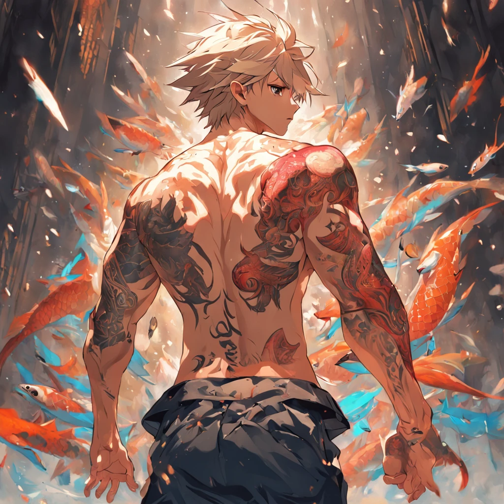 (masutepiece:1.3), ccurate, (Super detail, High details, top-quality), Best quality,( A high resolution, 8K),(Man with a big carp tattoo on his back: 2), NFFSW, A detailed face,Detailed legs,Upper body naked,posterior view,The halo,Mafioso,Fundoshi:1.2,short detailed hair、arms folded、Fish carp、Gangster movies