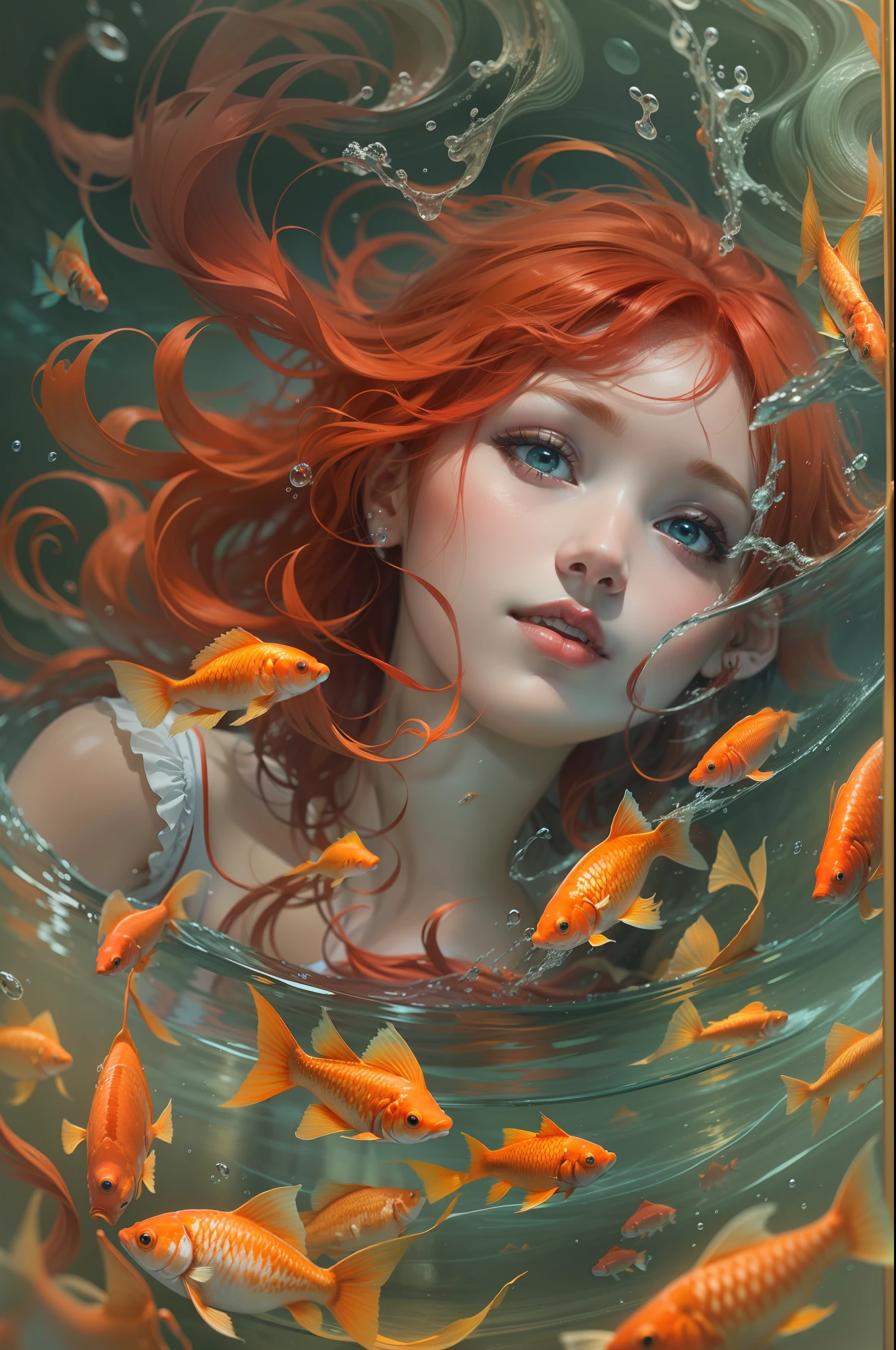 The sexy and dark art of seduction, elegant, long orange hair, medium breasts, perfect ass, in a lake in a wonderful natural environment, very sexy and erotic, (art inspired by Bill Sienkiewicz). oil painting)(best quality,4k,8k,highres,masterpiece:1.2),ultra-detailed,(realistic,photorealistic,photo-realistic:1.37),intricate details,vivid colors,sharp focus,professional,Dave McKean artwork, oil touch of surrealism,oil painting style,portrait,woman,beautiful detailed eyes,beautiful detailed lips,dreamlike atmosphere,shadow play,soft lighting,playful pose,minimalist room,dark hues,ethereal background,fantasy elements,texture,layered composition.
