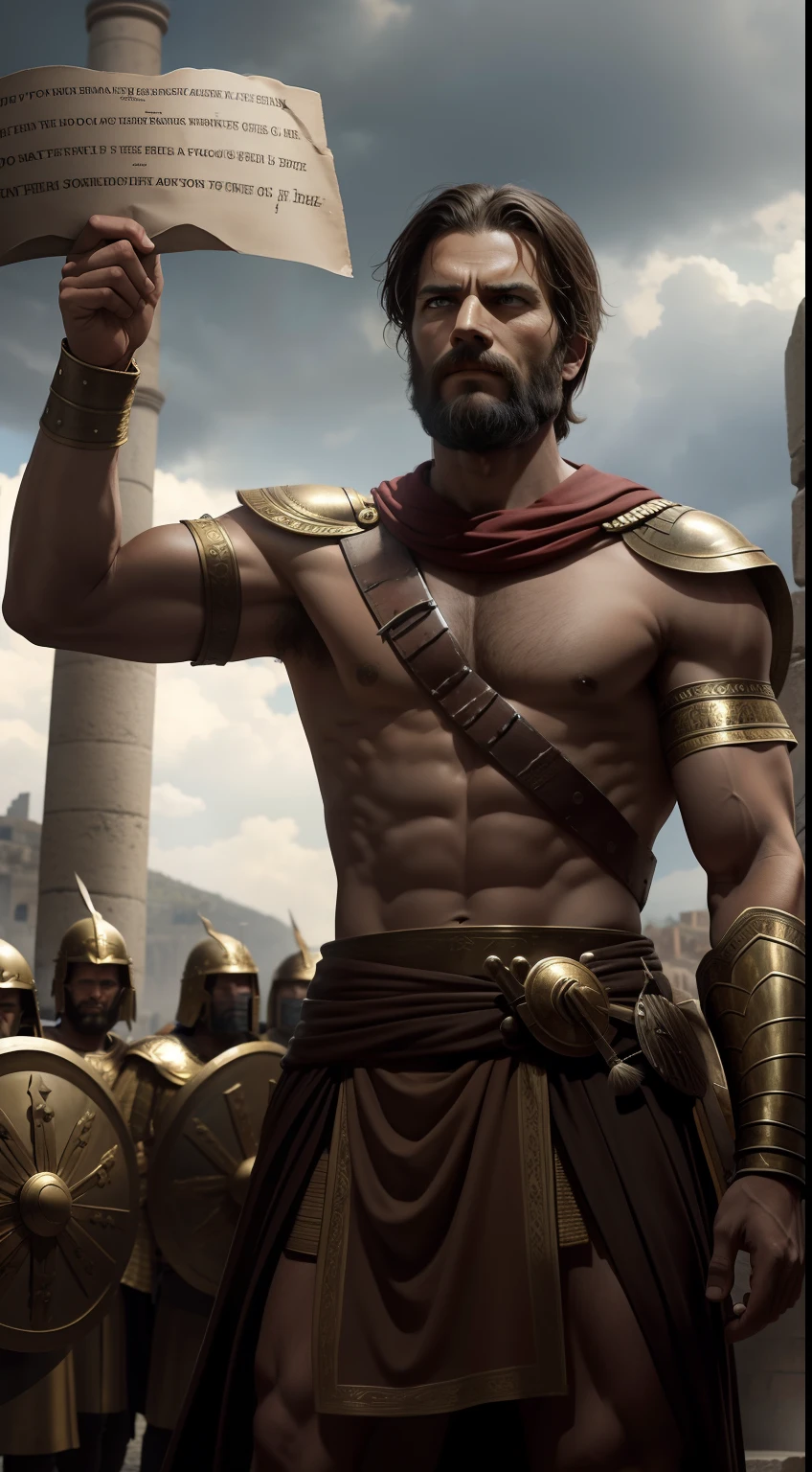 Imagine a scene where King Philip is standing in front of the gates of Sparta, with his army behind him. He is holding up a scroll with a message written on it. The Spartans are standing on the walls of the city, looking down at him. They are shown with their shields raised and spears at the ready. The image is set against a backdrop of the city of Sparta. epic, realistic, 8k