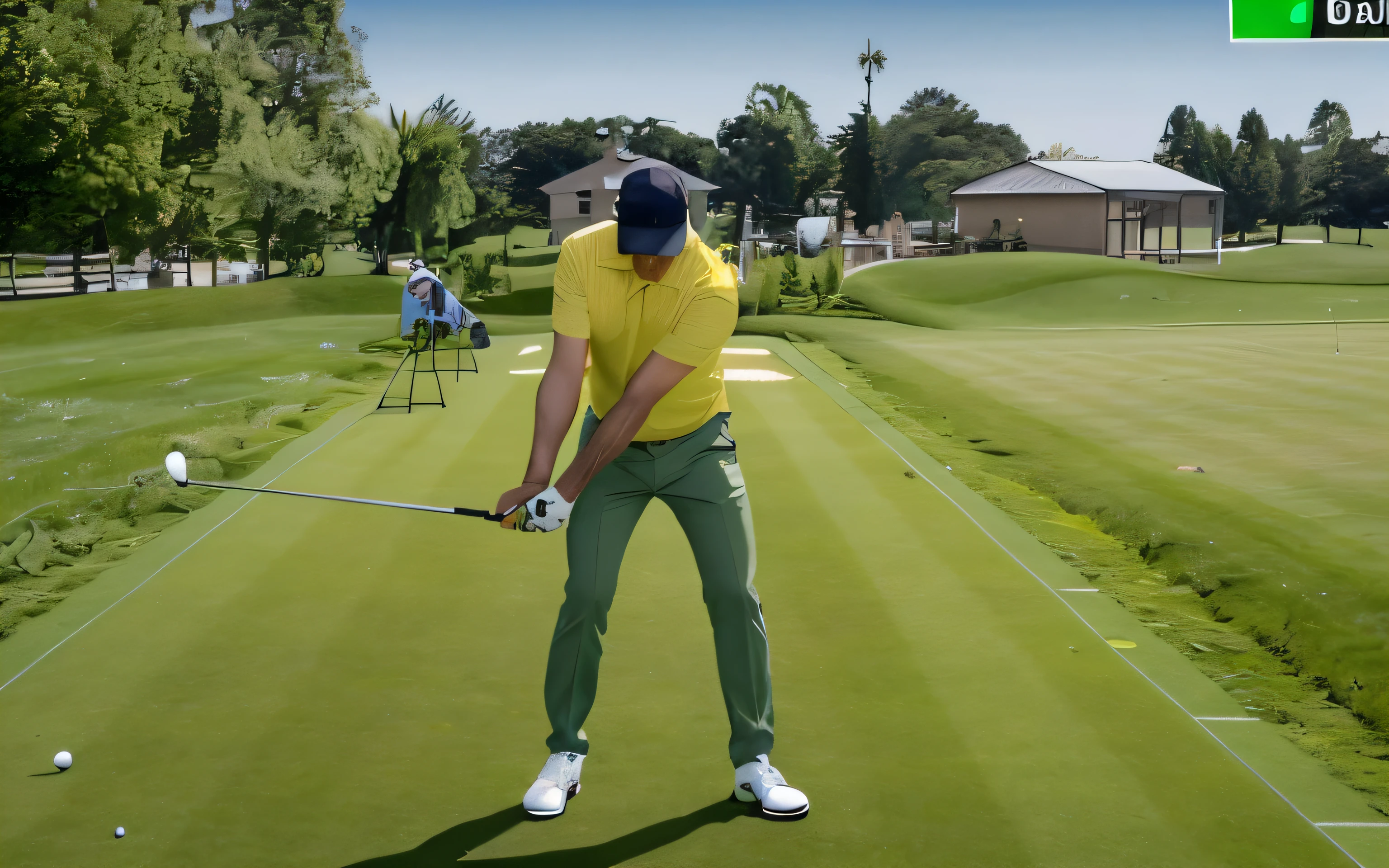 There is a man playing golf on a green course, Mid Action Swing, Launch a straight ball, Ground-up angle, off putting, hip and leg shot, leg and hip shot, Long shot angle, dynamic angled shot, off - putting, Before the round, Shoulder Level Shots, Opening shot, head tilted downward, wide angle dynamic action shot