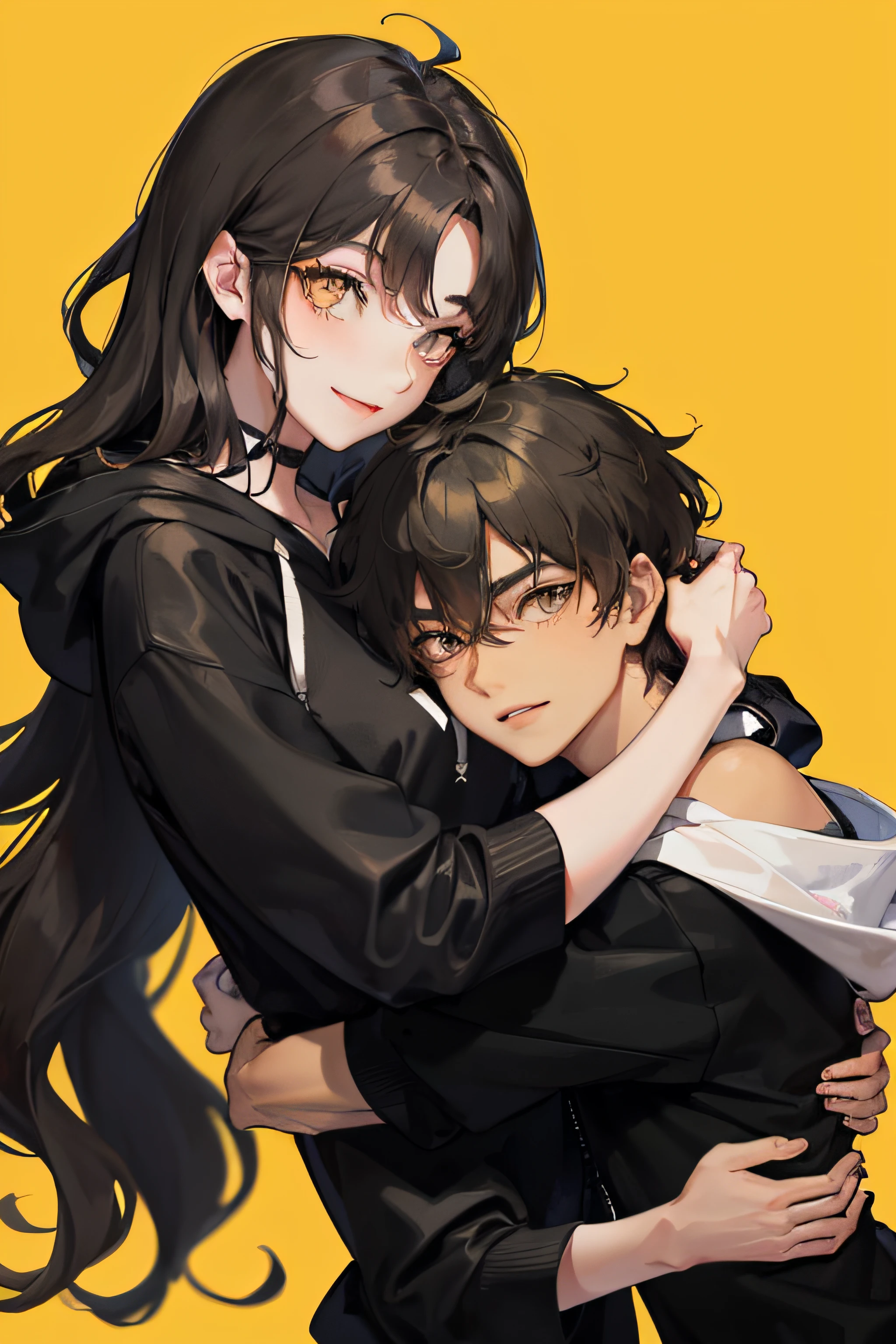 1womanl, ((wavy and long hair)), sweeping bangs, ((Golden eyes)), Smile, Modern clothes, Hug a boy with short black hair messy and black simple hoodie