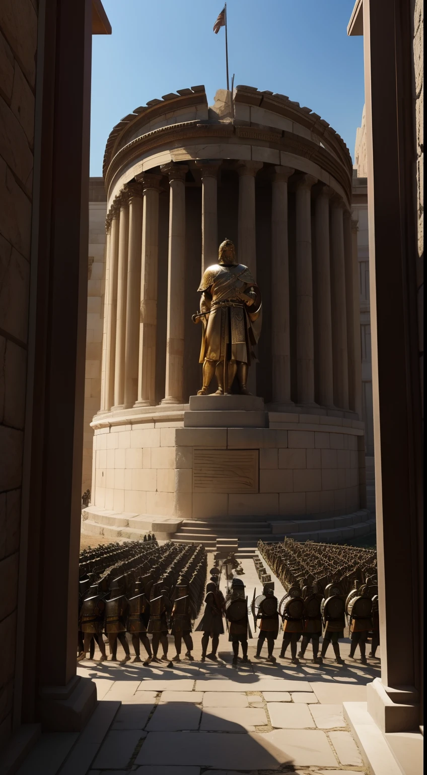Imagine a scene where King Philip is standing in front of the gates of Sparta, with his army behind him. He is holding up a scroll with a message written on it. The Spartans are standing on the walls of the city, looking down at him. They are shown with their shields raised and spears at the ready. The image is set against a backdrop of the city of Sparta. epic, realistic, 8k