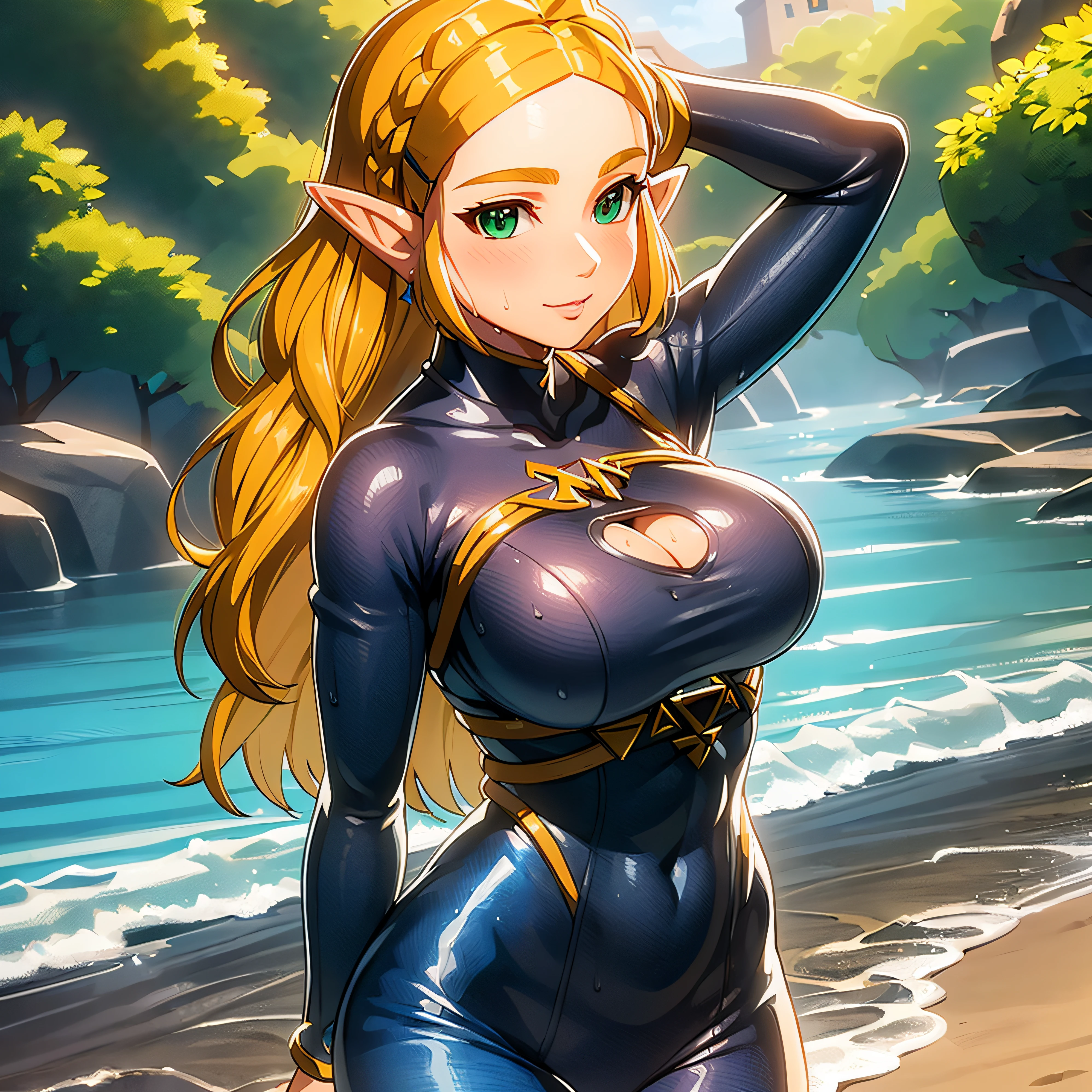 ((masterpiece)),(illustration),(((best quality)),iridescent, high resolution illustration,Amazing,highres,intricate detail, extremely detailed CG unity 8k wallpaper ((zelda)), full body, large breasts, (delicate cute face), blond long hair, lovestruck,(green eyes), smile, joyful, young teen, narrow waist, young girl, 15 year old girl, seductive, tight body, wavy hair, outdoors, sexy pose, skin tight wet suit, cleavage, facing viewer