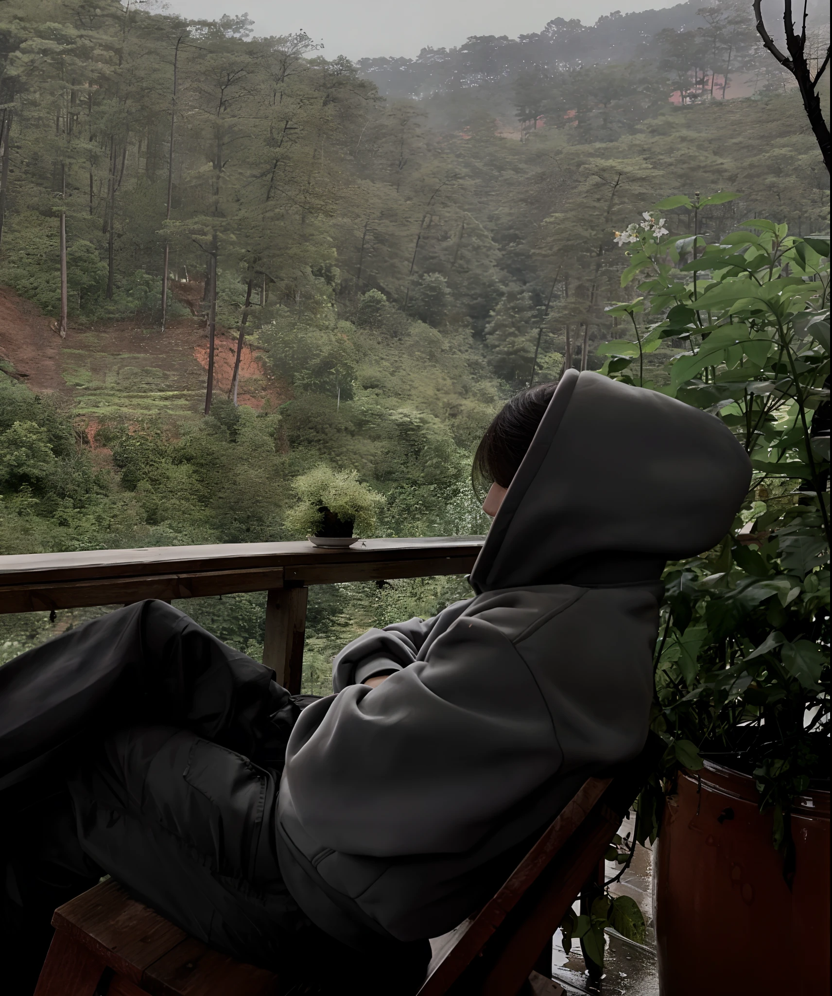 arafed man sitting on a bench looking out over a valley, chill time. good view, rainy day outside, sitting in the forrest, rainy outside, rainy afternoon, on a rainy day, amidst of nature fully covered, in a rainy environment, amidst nature, relaxing after a hard day, lost in thought, overcast day, raining outside