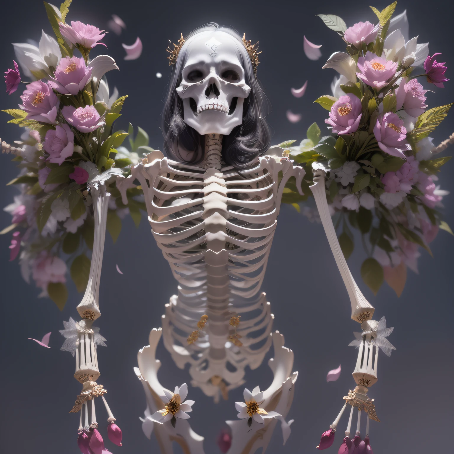 32K side squat(tmasterpiece,k hd,hyper HD,32K)Burgundy pink double ponytail,Silver Skull Jewelry District in the Snow,Indigo Skull King ,Skeleton protector (The skeleton is realistic:1.4),Skull pattern robe,Silver silk skull flower ornaments,Petals flutter,Platinum cape,Hold your head high,Be proud,The nostrils look at people, A high resolution, the detail, RAW photogr, Sharp Re, Nikon D850 Film Stock Photo by Jefferies Lee 4 Kodak Portra 400 Camera F1.6 shots, Rich colors, ultra-realistic vivid textures, Petals flutter,Dramatic lighting, Unreal Engine Art Station Trend, cinestir 800,Hold your head high,Be proud,The nostrils look at people,Tsundere,Petals flutter,Petals flutter,Sprinkle with gold dust,Fluttering,Impeccable,( reasonable design, Clear lines, High sharpness,Best quality, Very detailed skeleton, The skeleton of a masterpiece, offcial art, movie light effect, 8K skeleton(((Linen cloak)))Transparent wings,(Bone scepter)(Bone scepter in hand)(Great King)Bone scepter,