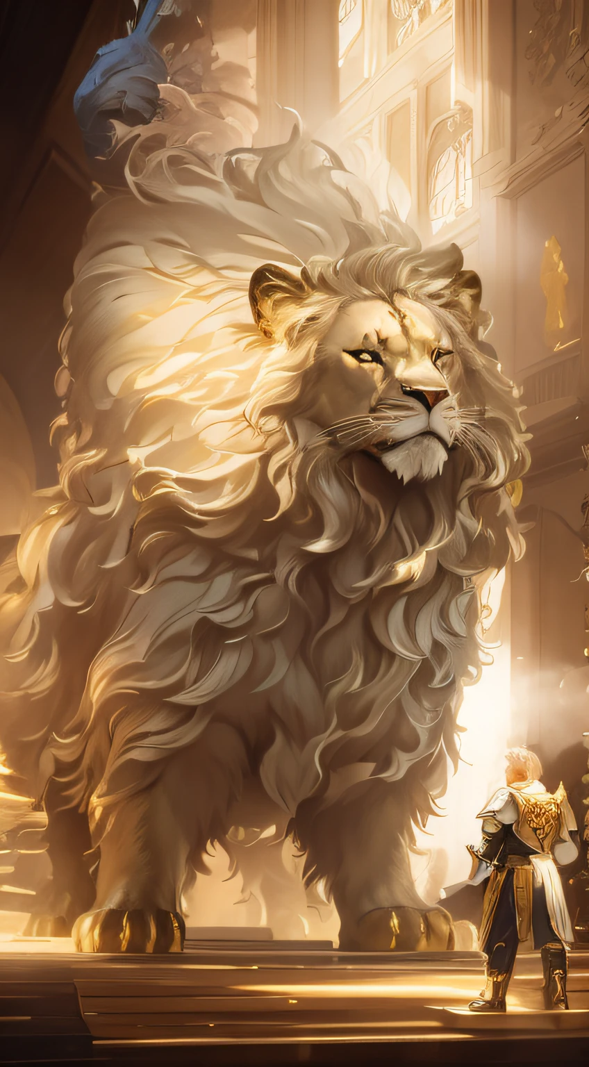 A diminutive new angel, with glorious silver wings, and silver blue and white demure gown, standing (in front of) before a giant golden-blonde haired lion, forced perspective from behind the angel and to the right, looking up at the giant beast on its four legs, extreme long shot 24k resolution, hyperdetailed, dramatic pose, in a great hall before a throne, bright golden white light.