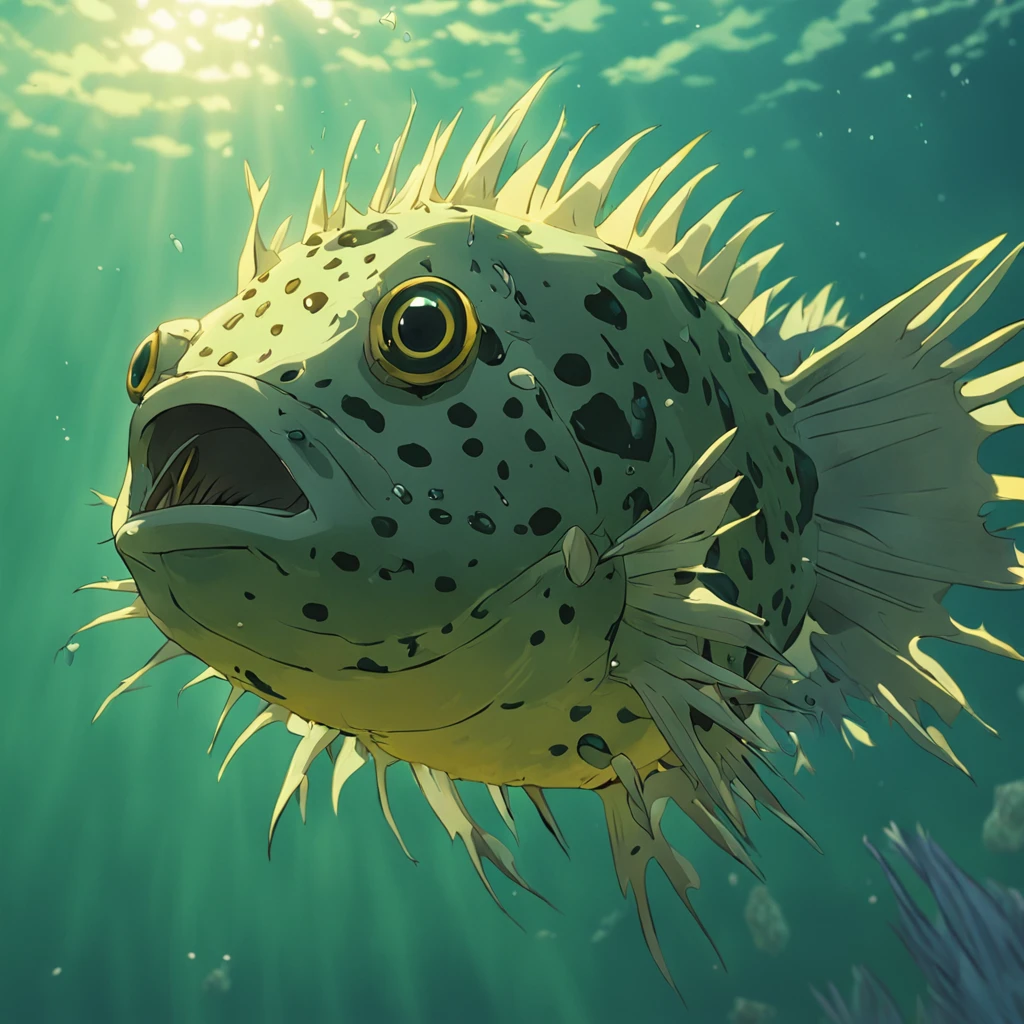 huge porcupine Fish with black scales, green fins, yellow spikes, Masterpiece, Best Quality