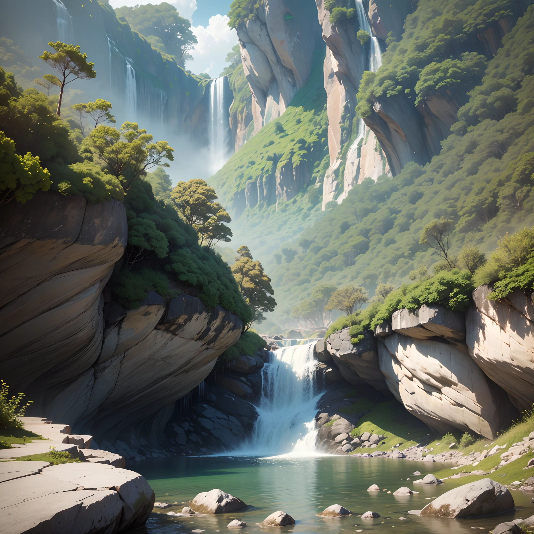 an incredibly beautiful and semi sitting on a rock, na beira do rio, cachoeira ao fundo, hiperrealista, 4k, 8k, octane render, insanamente detalhada, photon tracking, luz natural, idyllic setting. --auto --s2