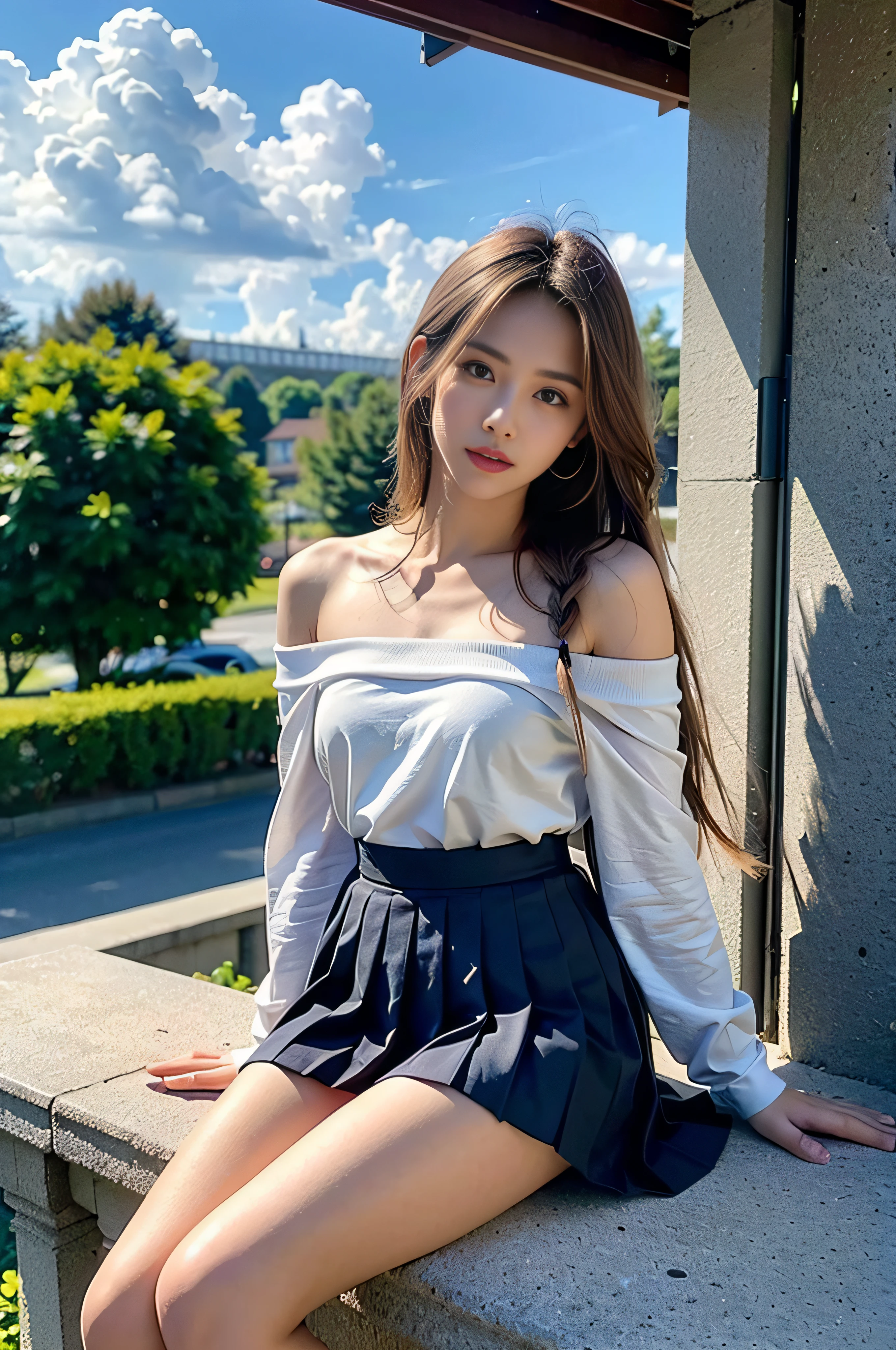 (8k, RAW photo, best quality, masterpiece: 1.2), (full body: 1.1), (short skirt off-the-shoulder: 1.2), (pleated skirt: 1.2), best quality, masterpiece, (small mouth: 1.2), an extremely delicate and beautiful, 8k wallpaper, amazing, fine details, masterpiece, best quality, (22 years old: 1.2), narrow waist, (bright blue sky and white clouds, campus, sitting, nature: 1.2), slim, cute, thick hair, soft hair, high contrast, Replenishing light, (shut up), beautiful, delicate eyes, (long hair: 1.2)