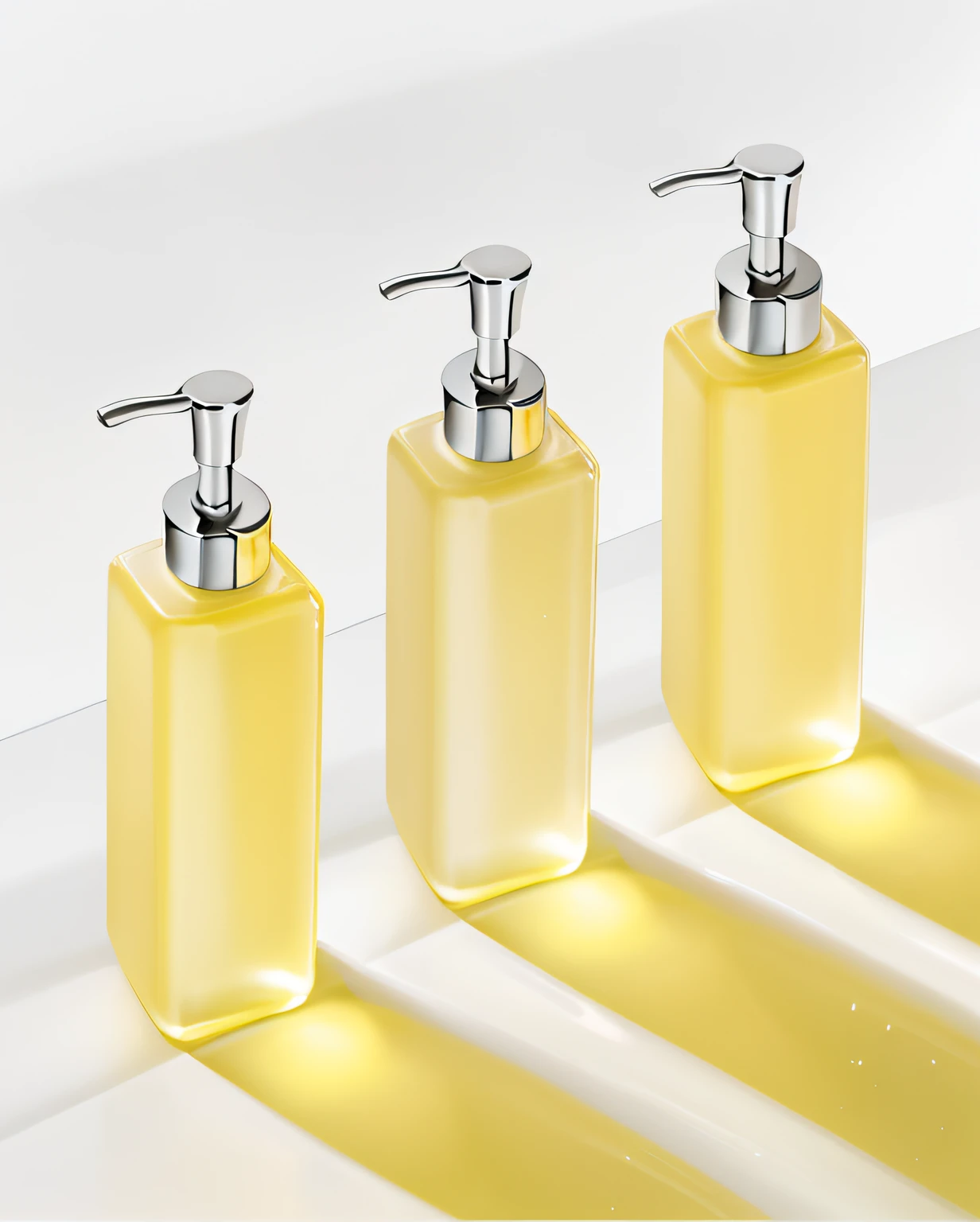 Three soap dispensers are arranged on a white surface, High quality product image, perfume, Product photography, commercial product photography, high quality product photo, retro look, Professional product photography, soap, Polished, high quality topical render, professional product photo, glowing oil, studio product photography, crisp smooth clean lines, high qualityProduct photography, Caustics，Packaging shooting, Fine focus, Depth of field, 120mm shooting, Hasselblad shooting, Clear, Focus on commercial photography，8K