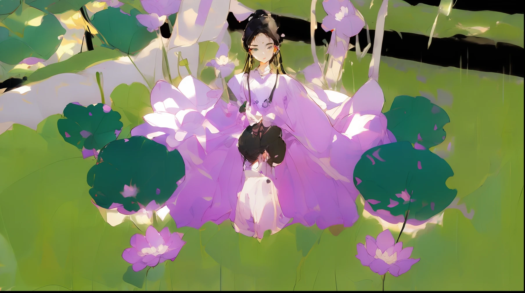 An ancient Chinese beauty sitting on a stone, wearing ancient Chinese clothing, flowing tulle, light silk, lazy posture, large lotus leaf, lotus, ink painting style, clean color, decisive cutting, blank, freehand, masterpiece, super detailed, epic composition, high quality, the highest quality, 4k --v 6